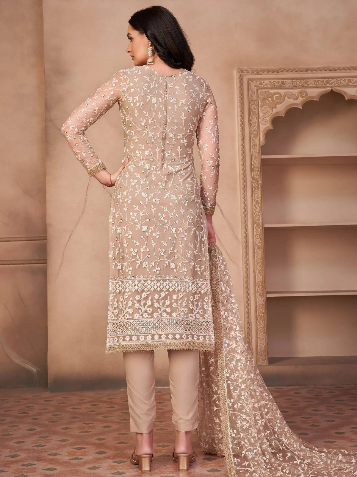 Glorious Beige Thread Embroidered Net Event Wear Pant Suit - Zeel Clothing