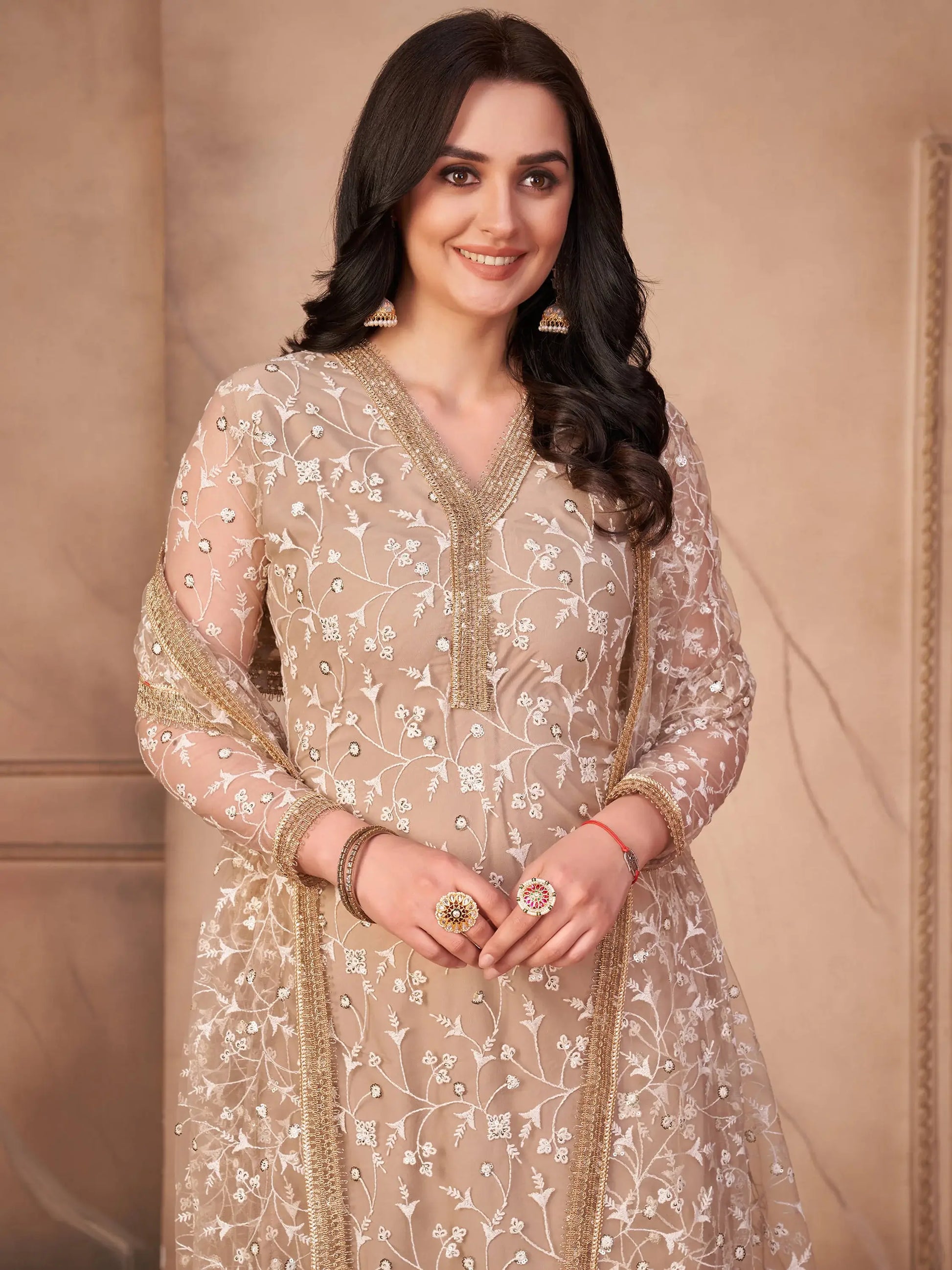Glorious Beige Thread Embroidered Net Event Wear Pant Suit - Zeel Clothing