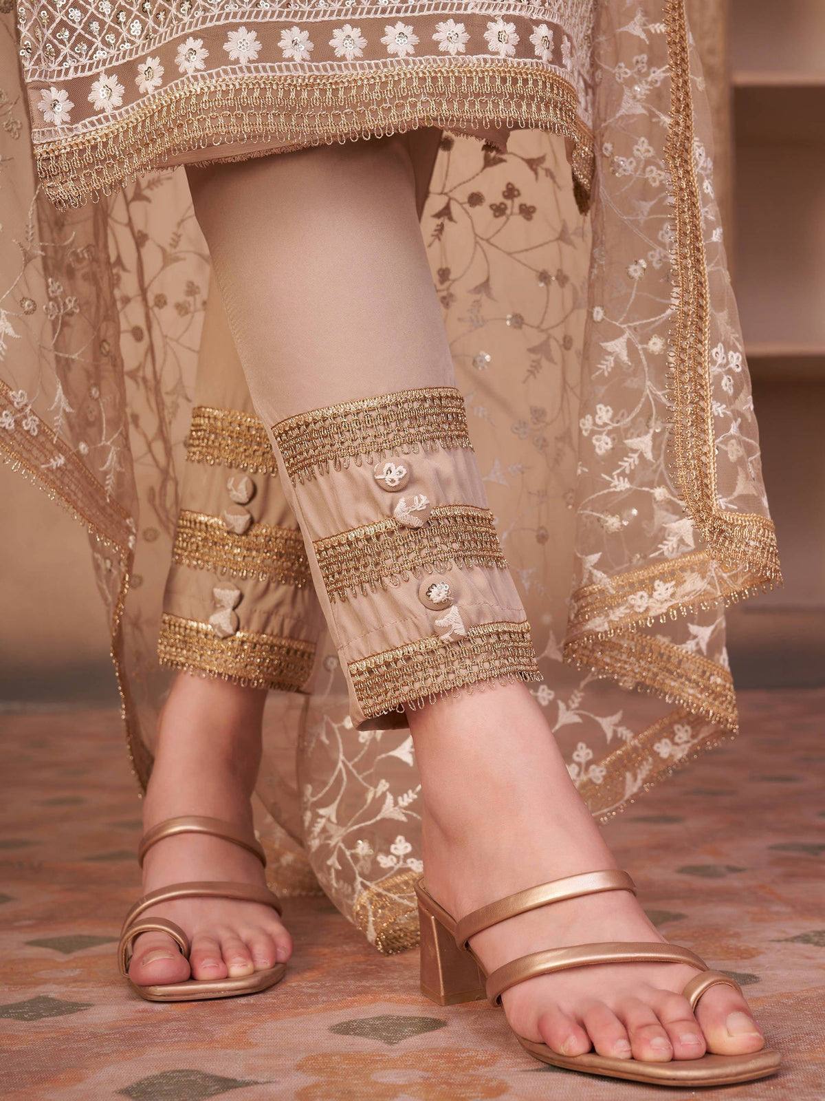 Glorious Beige Thread Embroidered Net Event Wear Pant Suit - Zeel Clothing