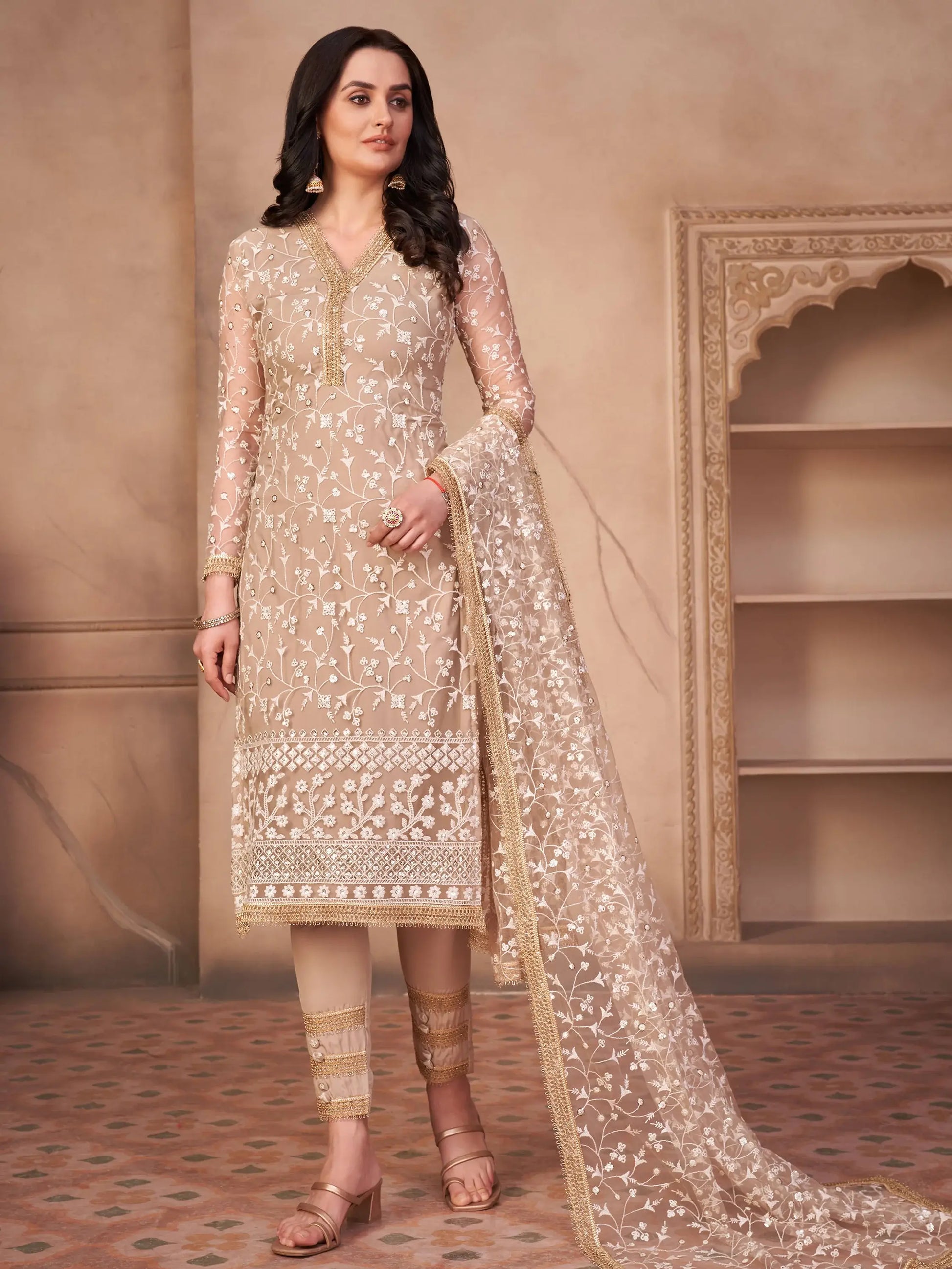 Glorious Beige Thread Embroidered Net Event Wear Pant Suit - Zeel Clothing