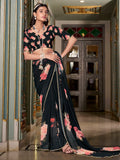 Glorious Black Digital Printed Georgette Evening Wear Saree With Blouse - Zeel Clothing
