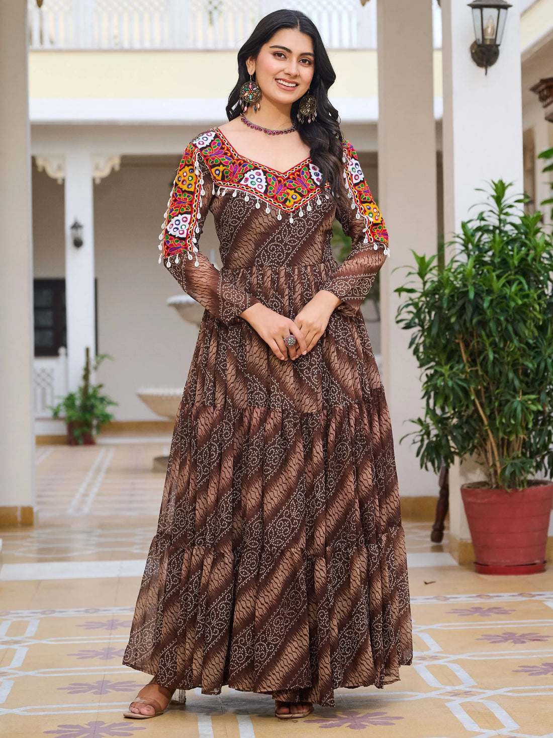 Glorious Brown Bandhani Print Georgette Navratri Special Gown - Zeel Clothing