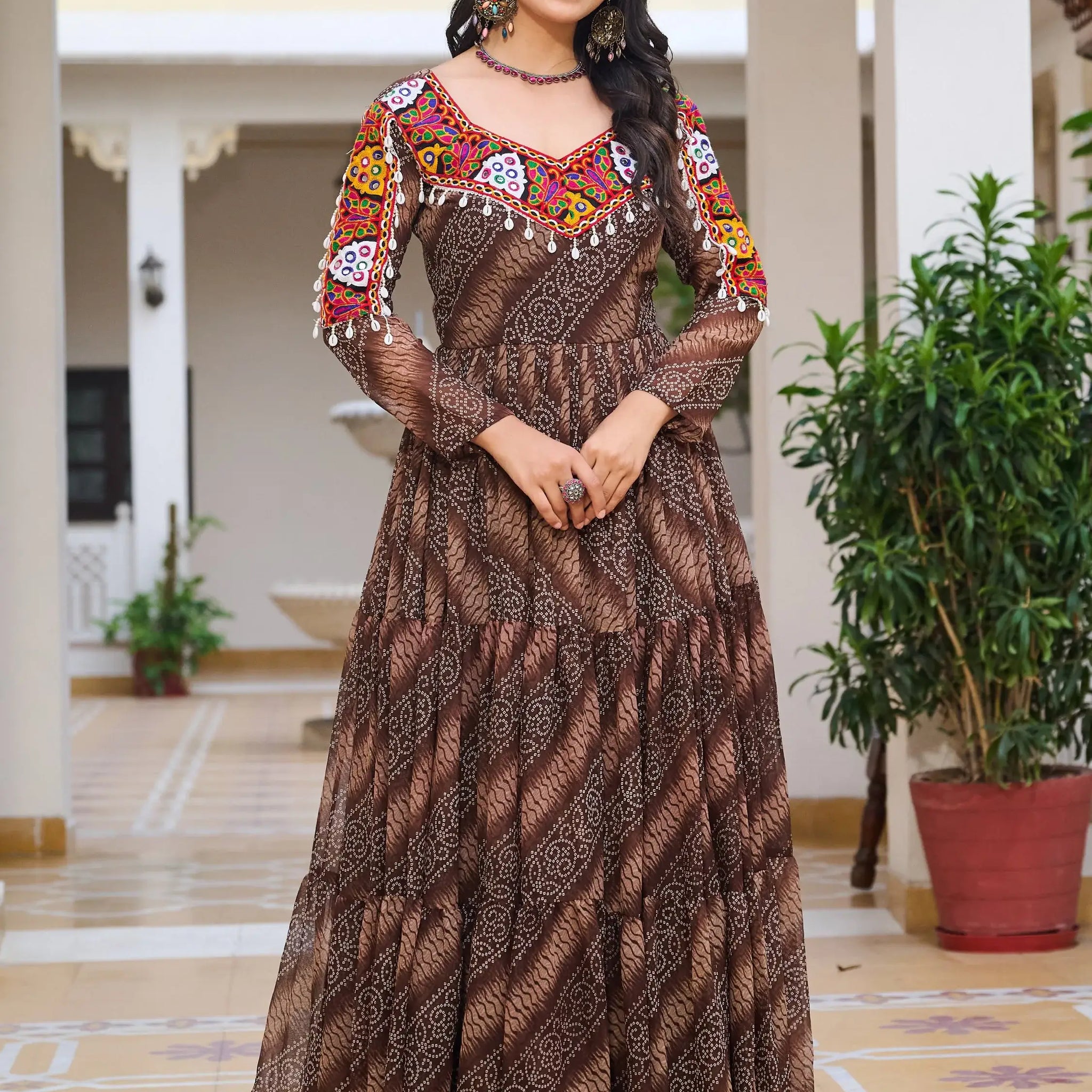 Glorious Brown Bandhani Print Georgette Navratri Special Gown - Zeel Clothing