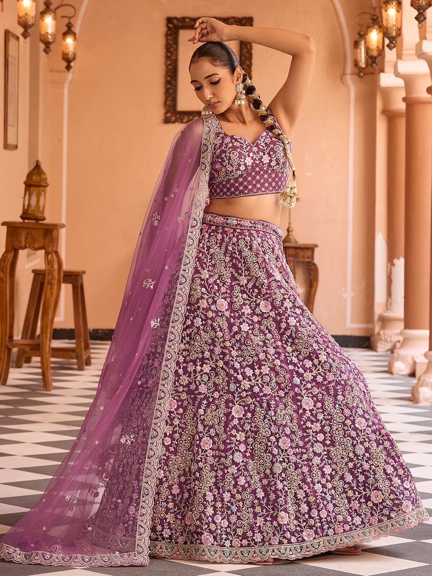 Glorious Burgundy Net Thread Embroidered Engagement Lehenga Choli With Dupatta
