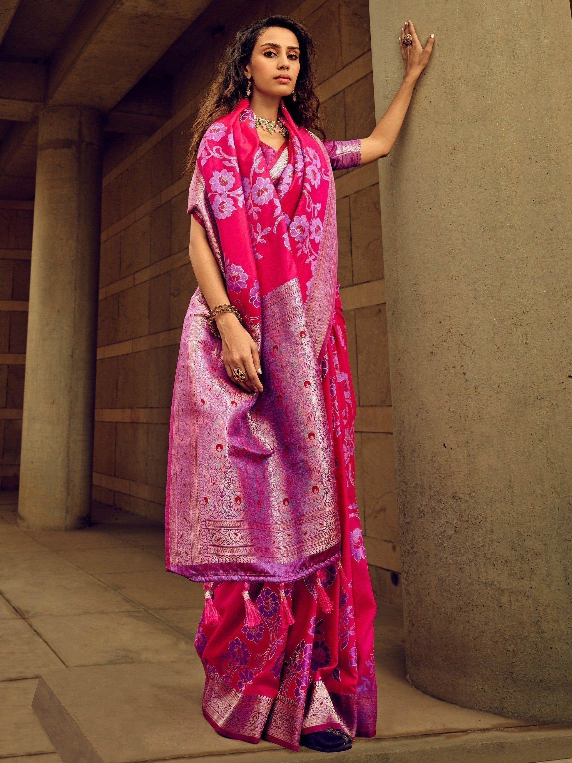 Glorious Dark Pink Thread Weaving Satin Saree With Blouse - Zeel Clothing