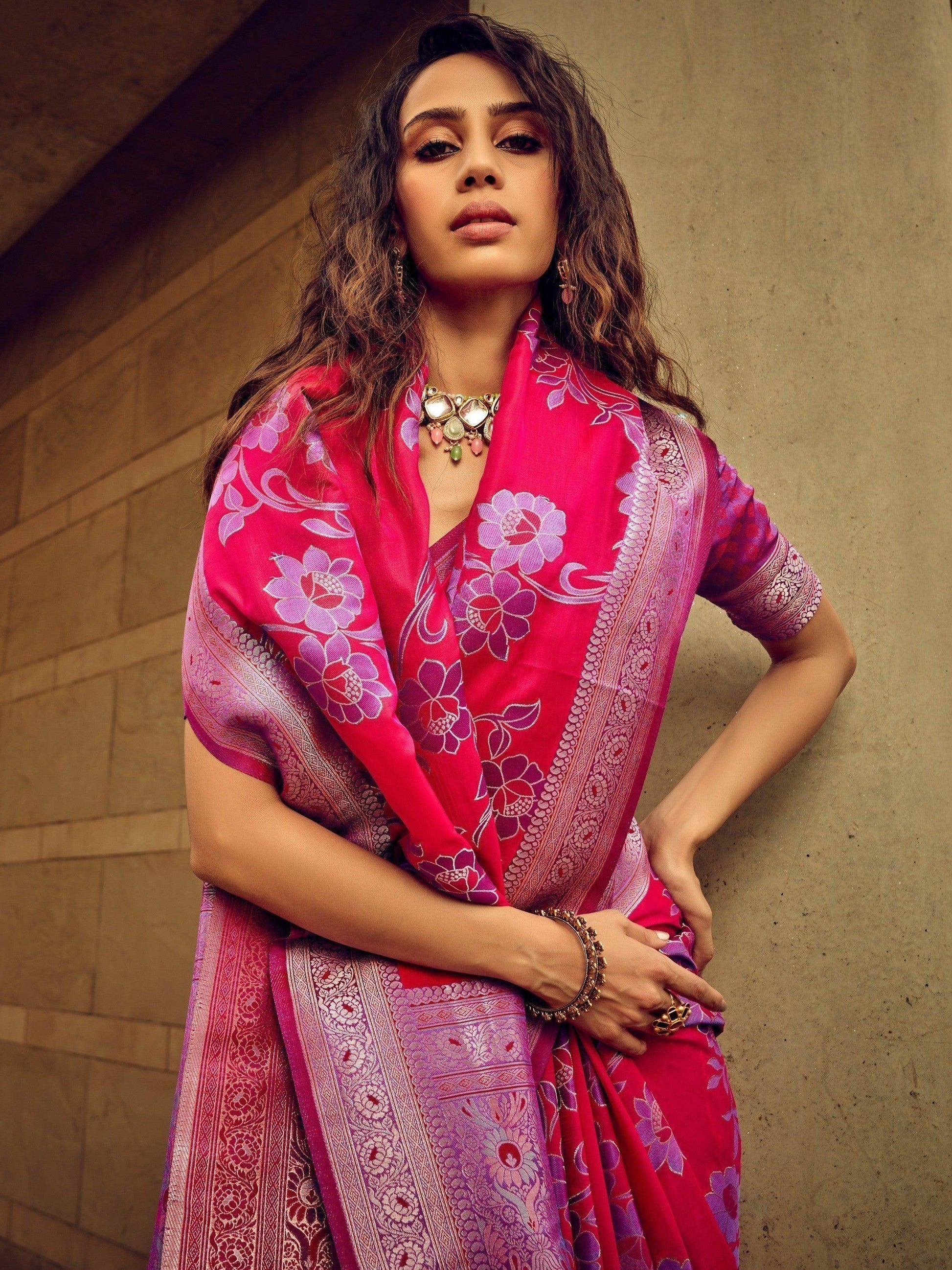 Glorious Dark Pink Thread Weaving Satin Saree With Blouse - Zeel Clothing