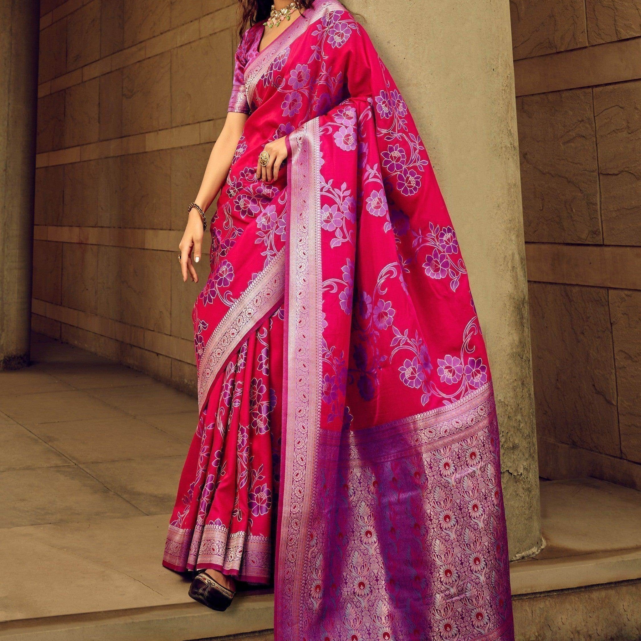 Glorious Dark Pink Thread Weaving Satin Saree With Blouse - Zeel Clothing