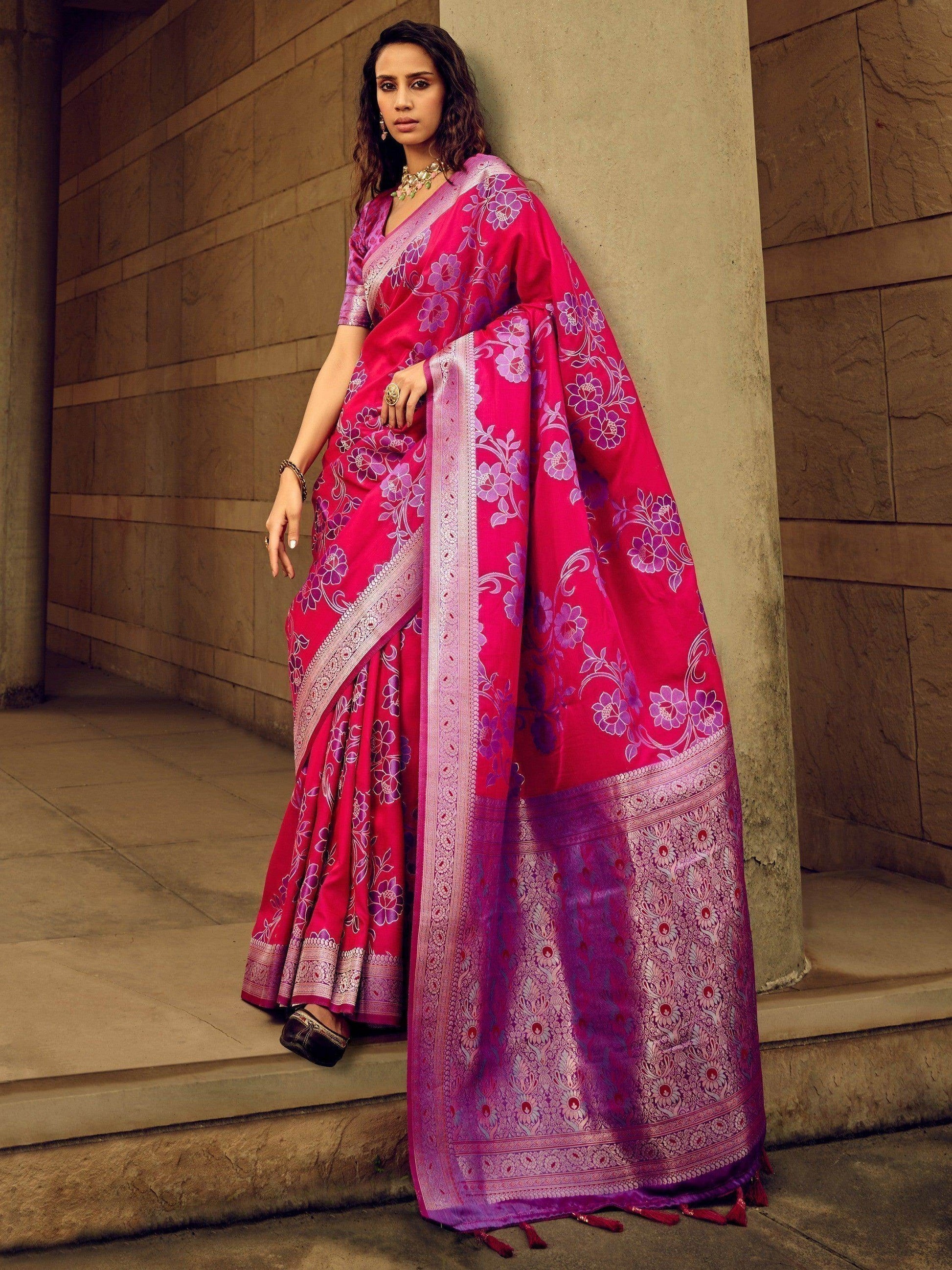 Glorious Dark Pink Thread Weaving Satin Saree With Blouse - Zeel Clothing