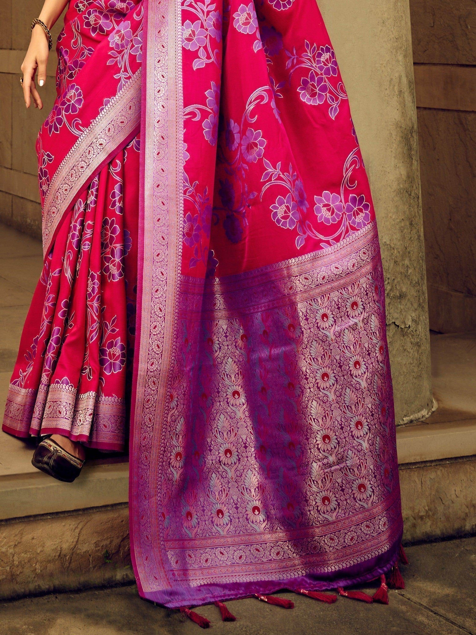 Glorious Dark Pink Thread Weaving Satin Saree With Blouse - Zeel Clothing