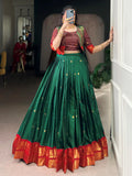 Glorious Green Zari Weaving Cotton Mehendi Wear Crop Top Lehenga With Jacket