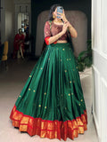 Glorious Green Zari Weaving Cotton Mehendi Wear Crop Top Lehenga With Jacket