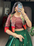 Glorious Green Zari Weaving Cotton Mehendi Wear Crop Top Lehenga With Jacket