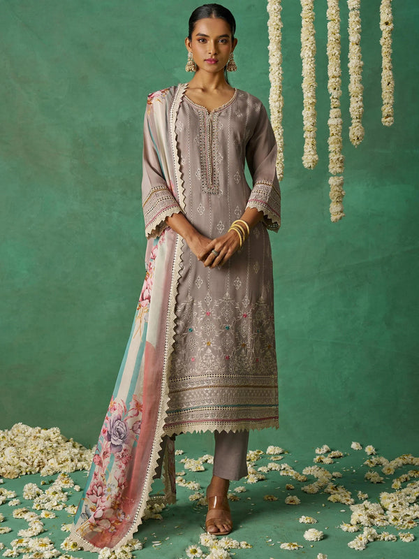 Glorious Grey Thread Work Organza Festive Wear Pant Suit With Dupatta