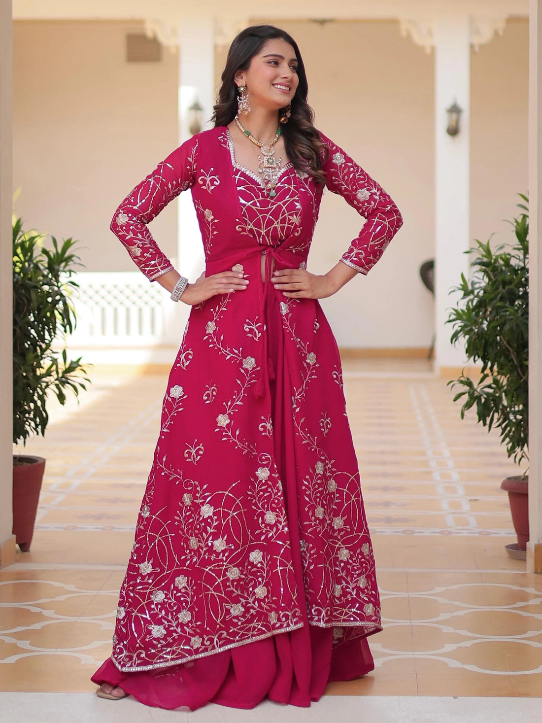 Glorious Hot Pink Embroidered Georgette Festive Wear Palazzo Suit With Shrug - Zeel Clothing
