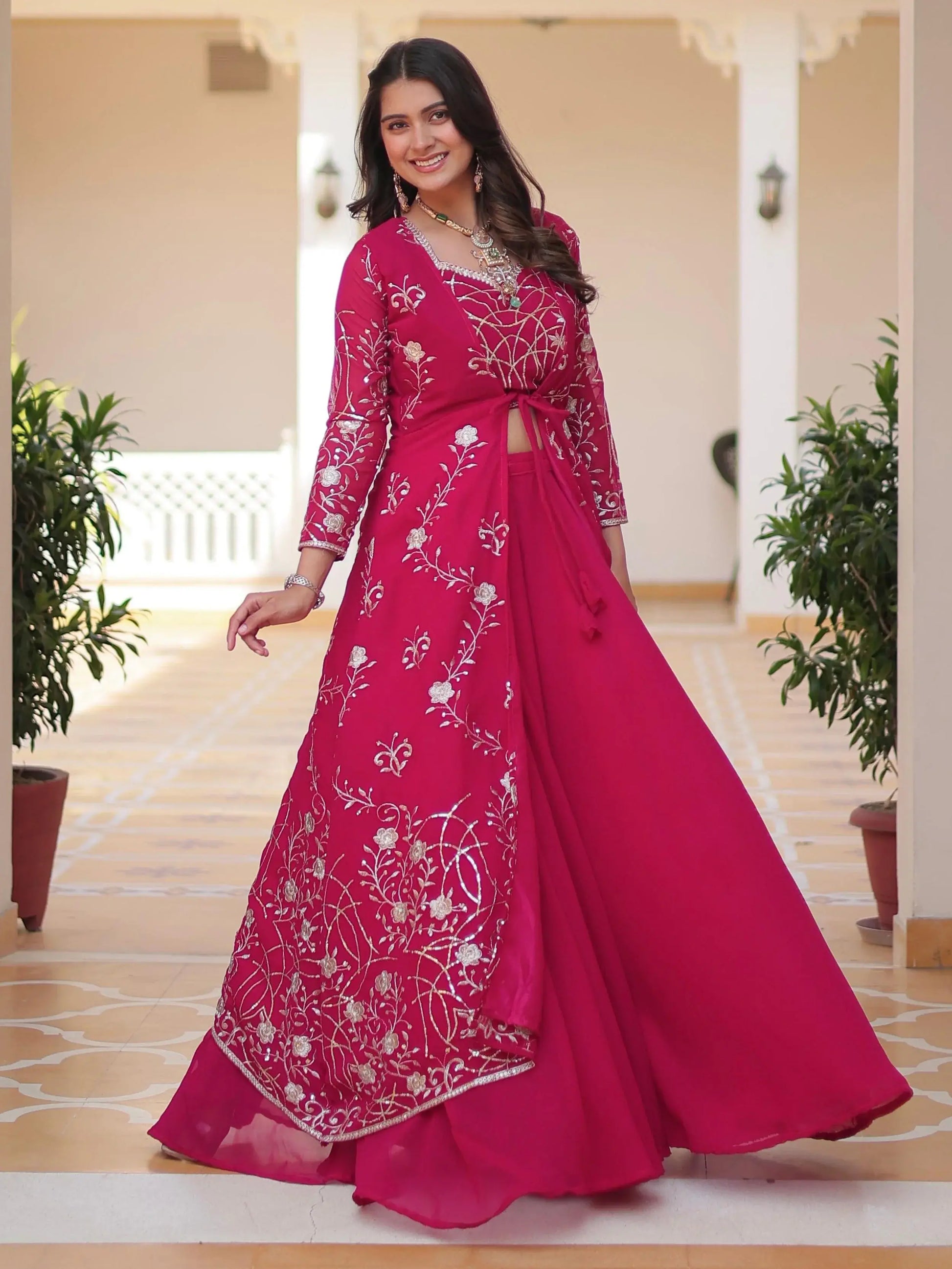 Glorious Hot Pink Embroidered Georgette Festive Wear Palazzo Suit With Shrug - Zeel Clothing