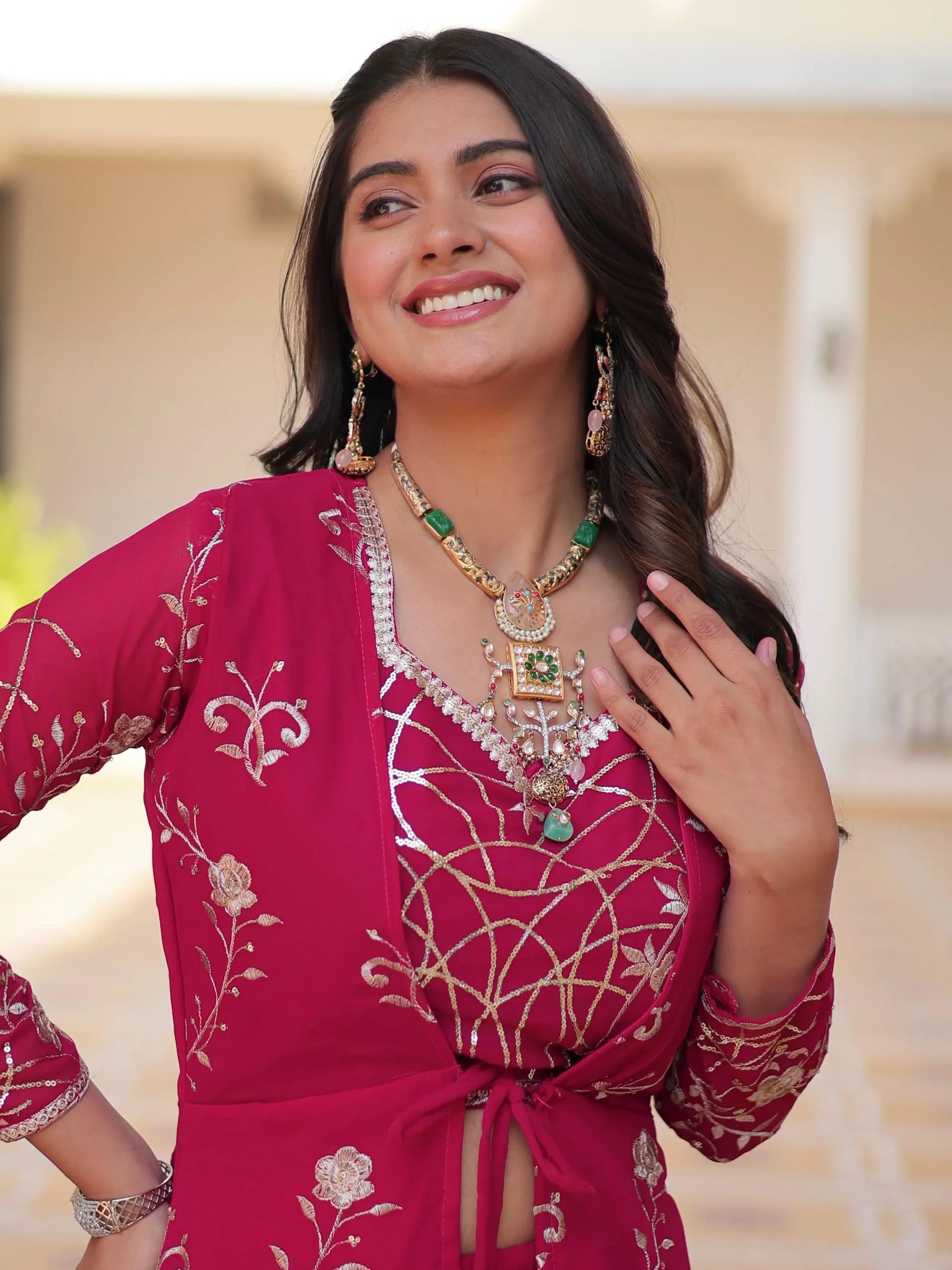Glorious Hot Pink Embroidered Georgette Festive Wear Palazzo Suit With Shrug - Zeel Clothing