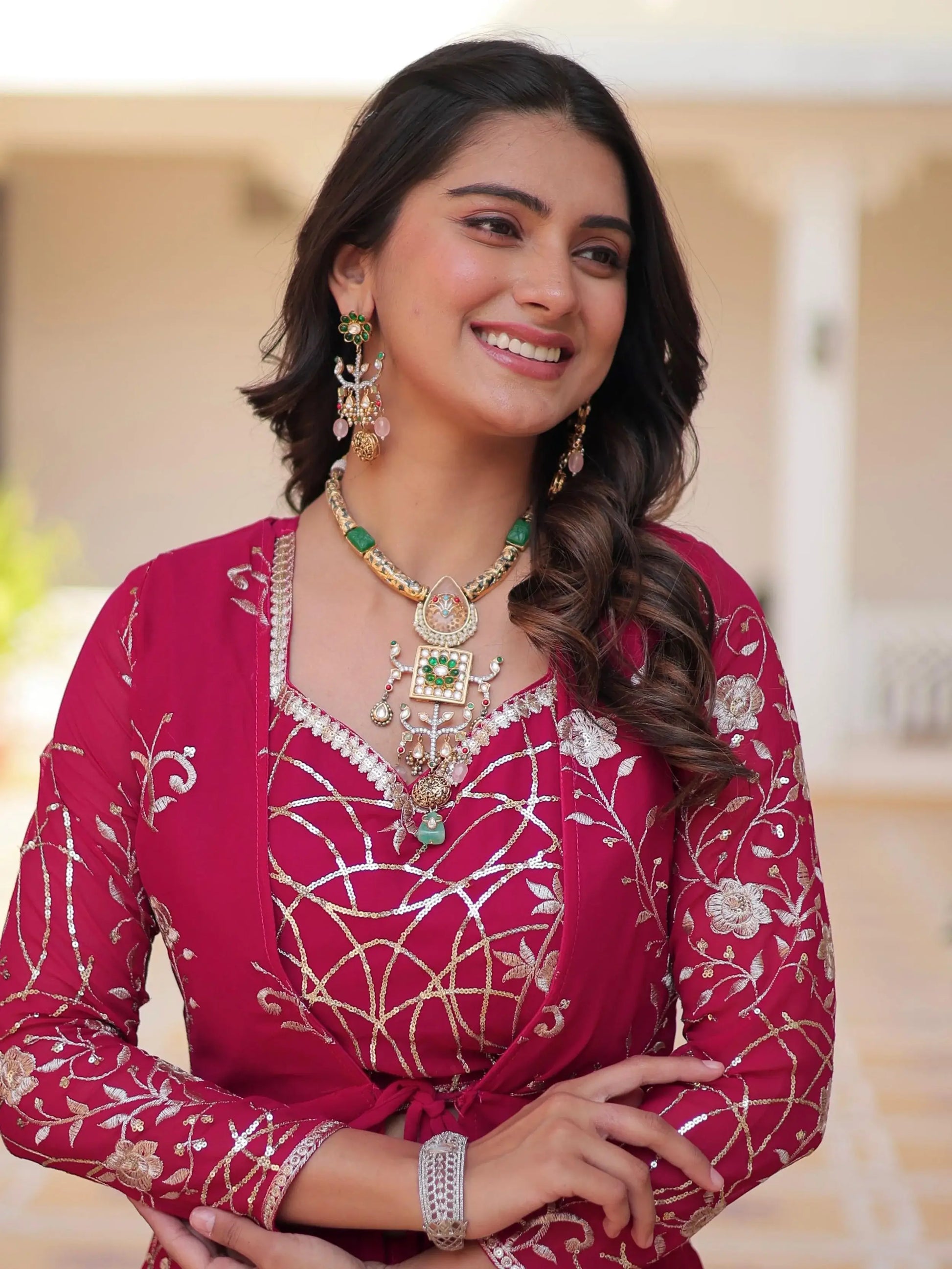 Glorious Hot Pink Embroidered Georgette Festive Wear Palazzo Suit With Shrug - Zeel Clothing
