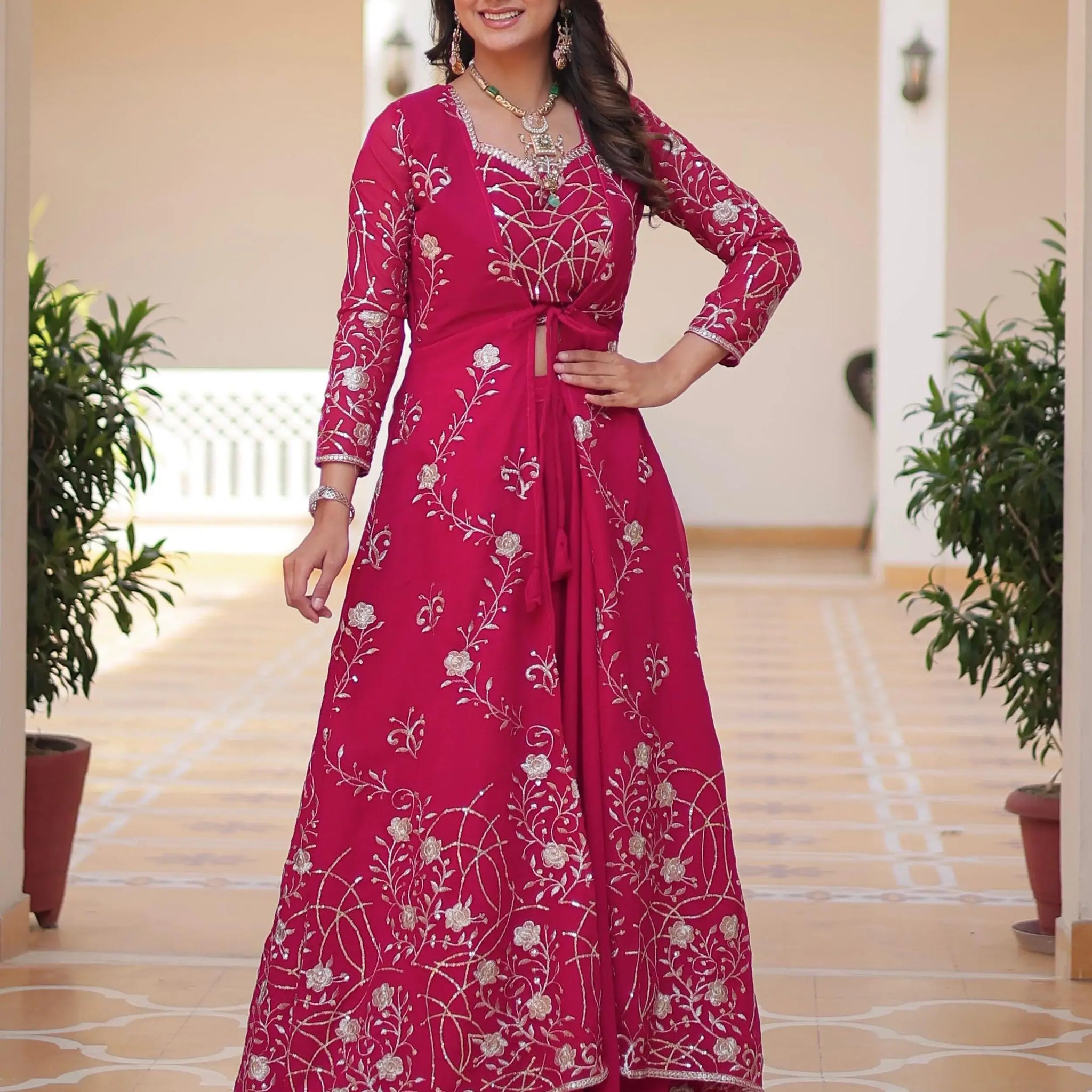Glorious Hot Pink Embroidered Georgette Festive Wear Palazzo Suit With Shrug - Zeel Clothing