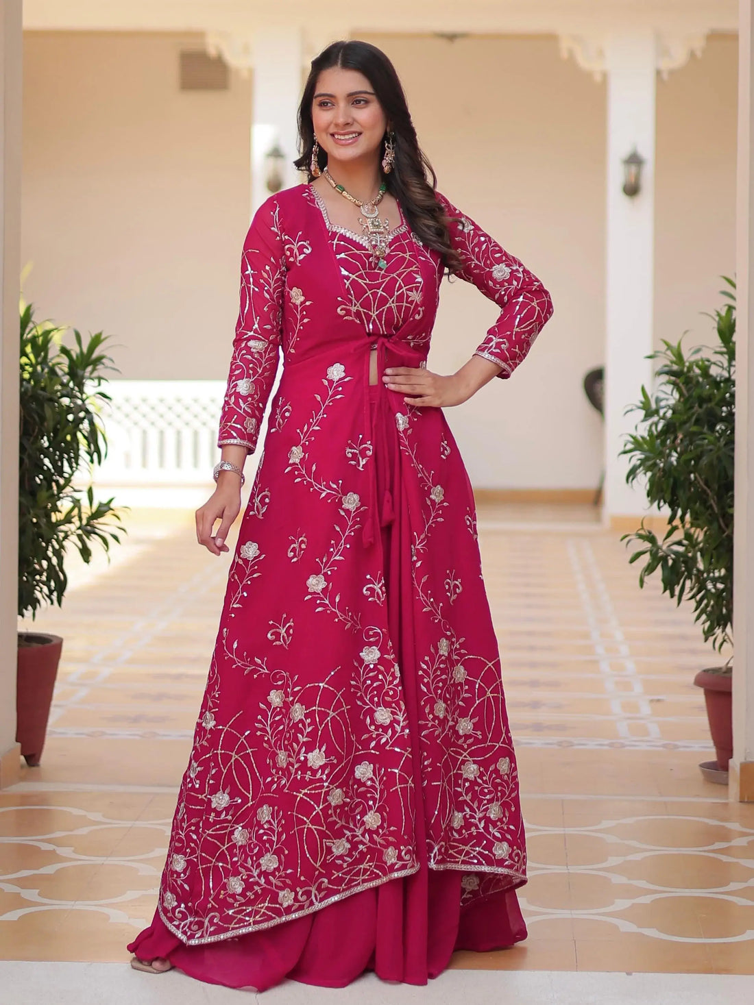 Glorious Hot Pink Embroidered Georgette Festive Wear Palazzo Suit With Shrug - Zeel Clothing
