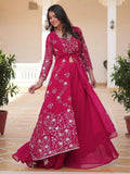 Glorious Hot Pink Embroidered Georgette Festive Wear Palazzo Suit With Shrug - Zeel Clothing