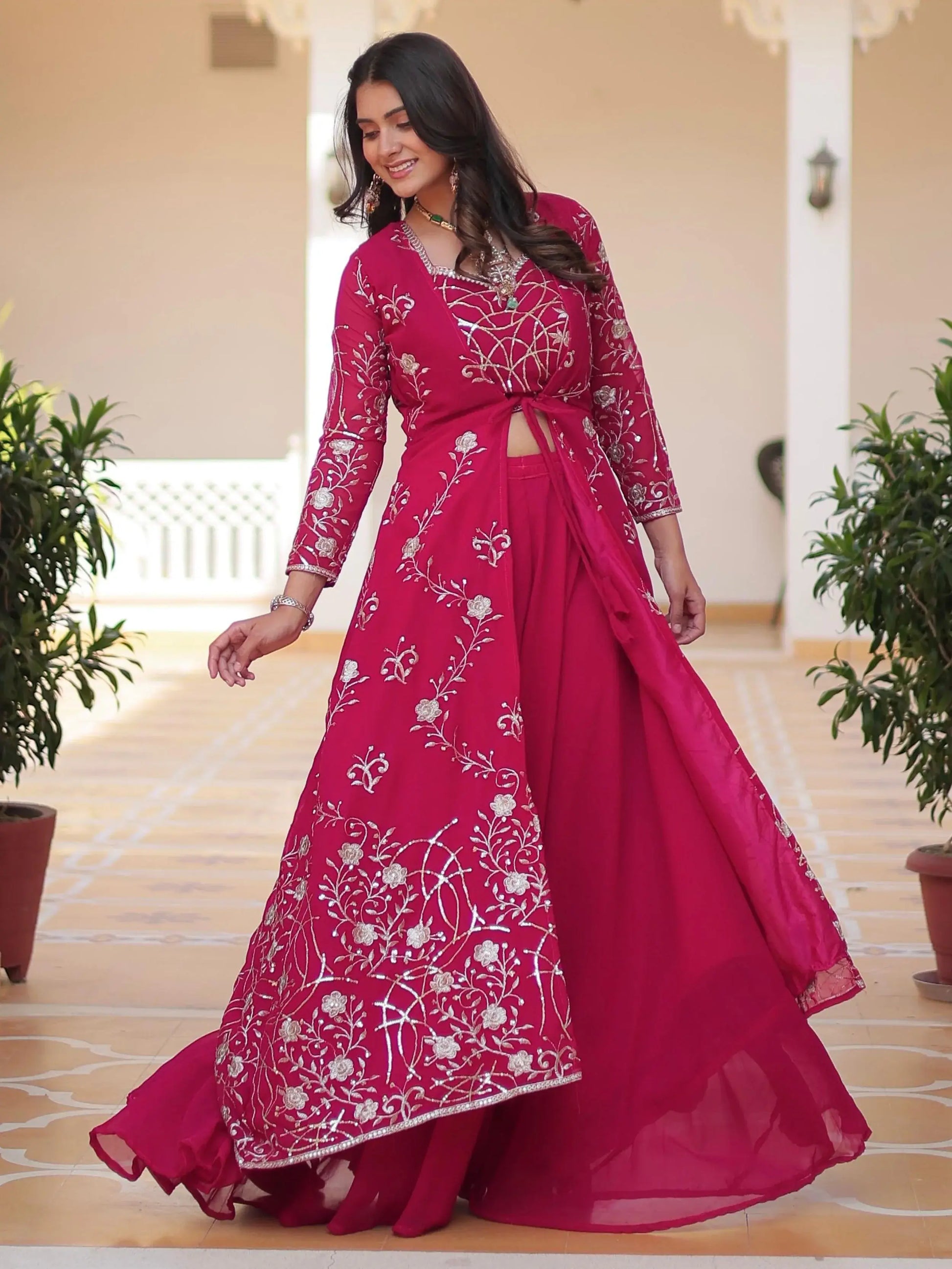 Glorious Hot Pink Embroidered Georgette Festive Wear Palazzo Suit With Shrug - Zeel Clothing
