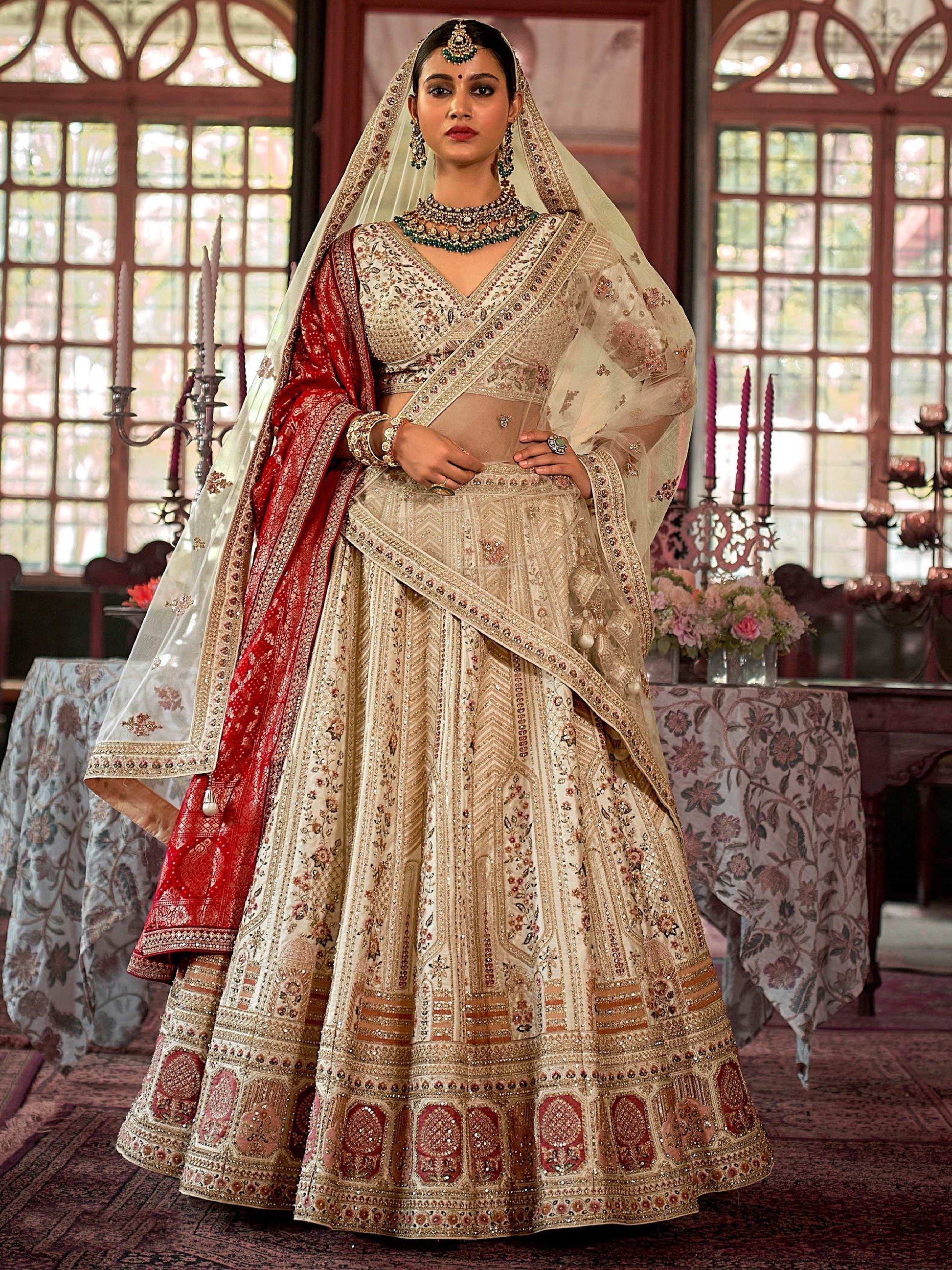 Glorious Off-White Sequins Silk Bridal Lehenga Choli With Double Dupatta