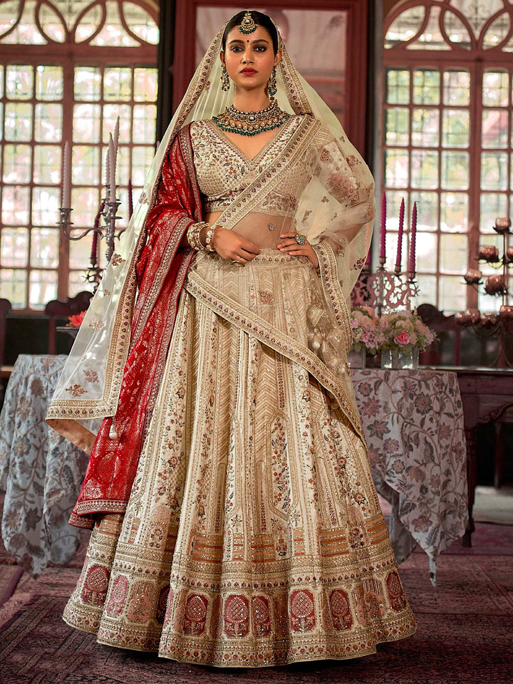 Glorious Off-White Sequins Silk Bridal Lehenga Choli With Double Dupatta