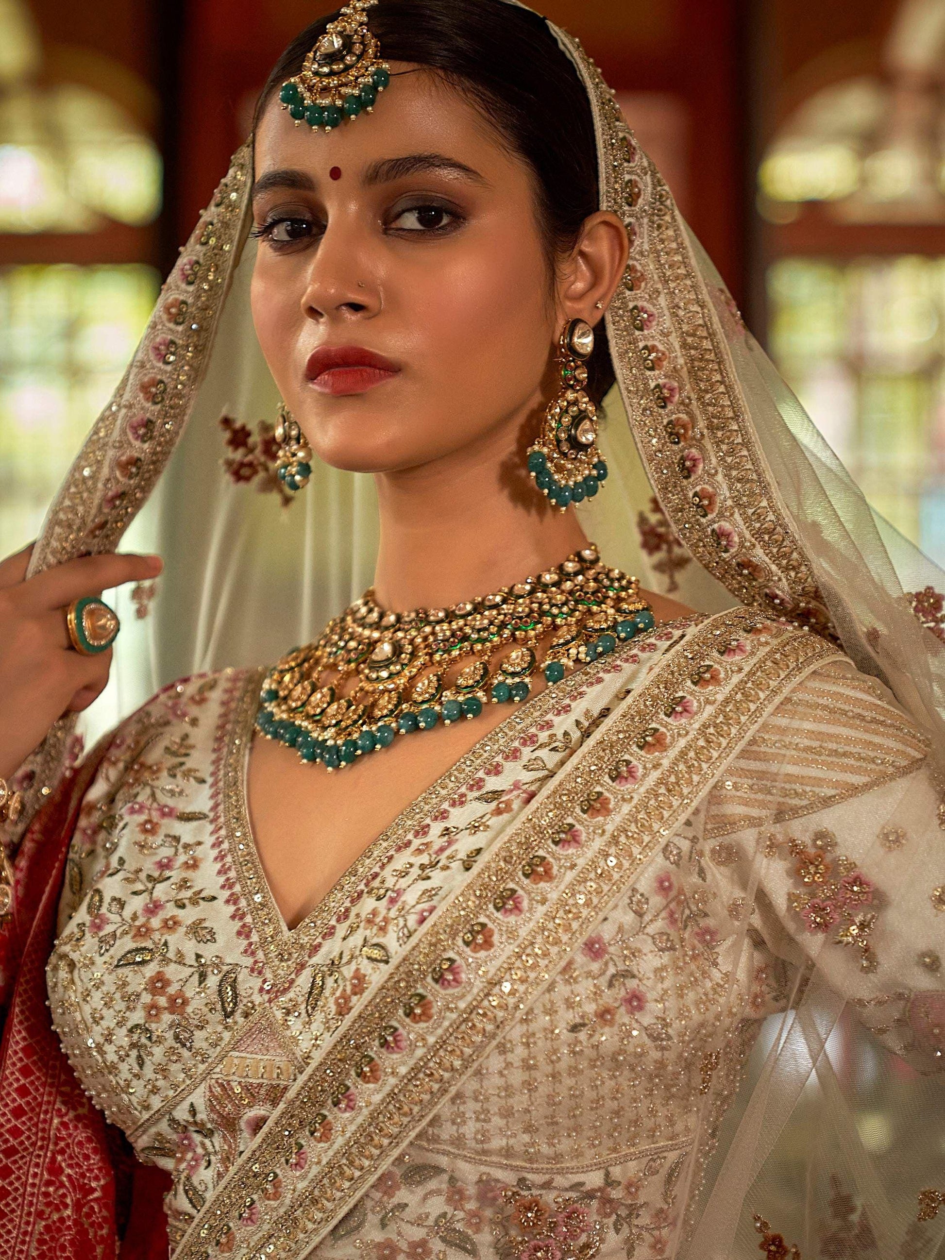 Glorious Off-White Sequins Silk Bridal Lehenga Choli With Double Dupatta