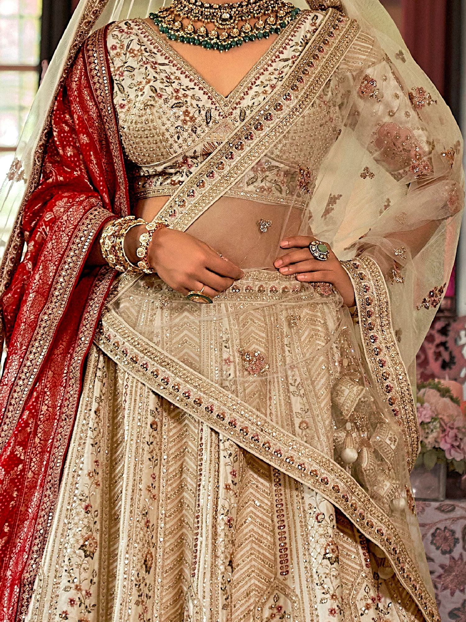 Glorious Off-White Sequins Silk Bridal Lehenga Choli With Double Dupatta