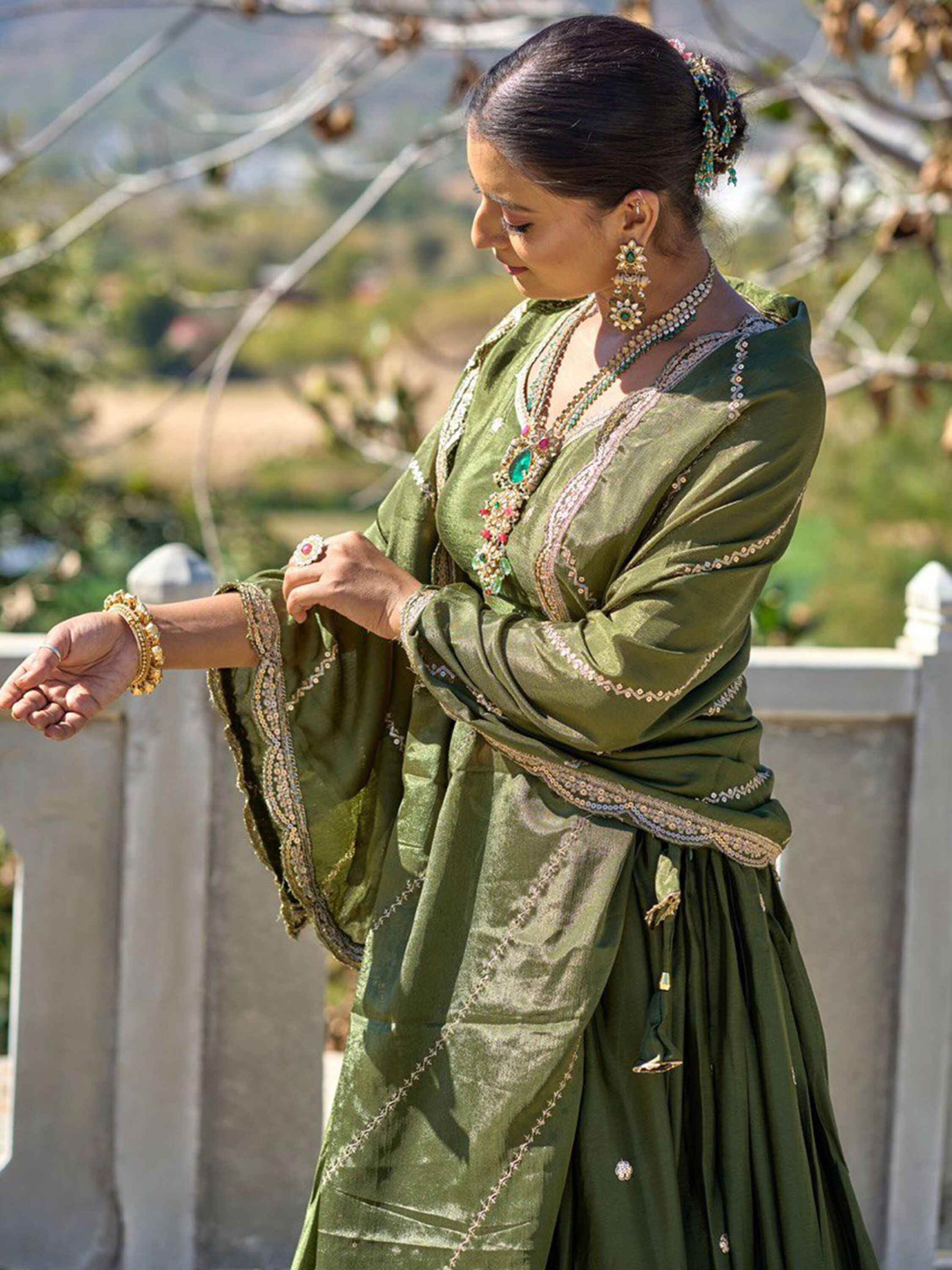 Glorious Olive Green Sequins Chinon Mehendi Wear Lehenga Choli - Zeel Clothing