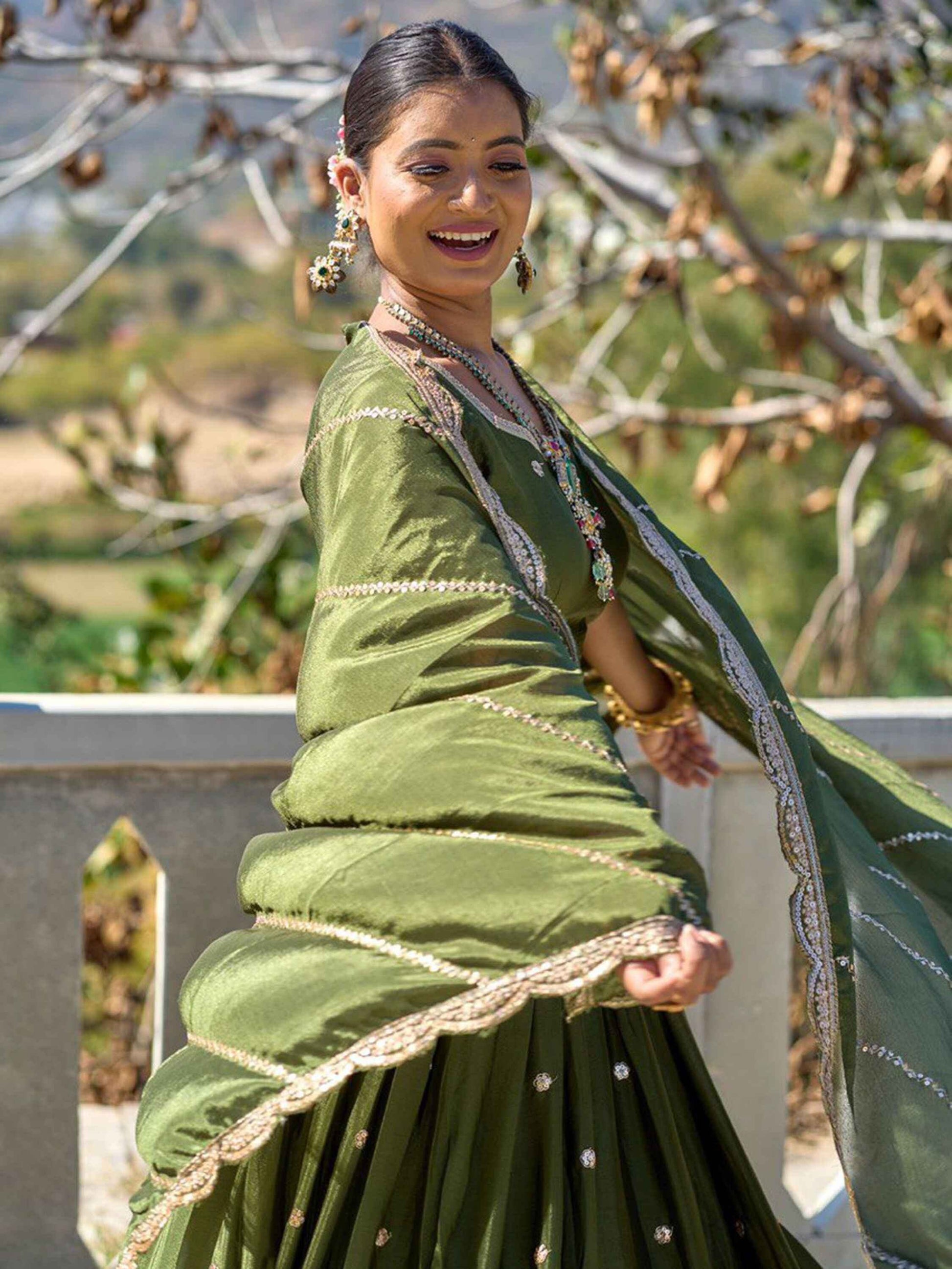 Glorious Olive Green Sequins Chinon Mehendi Wear Lehenga Choli - Zeel Clothing