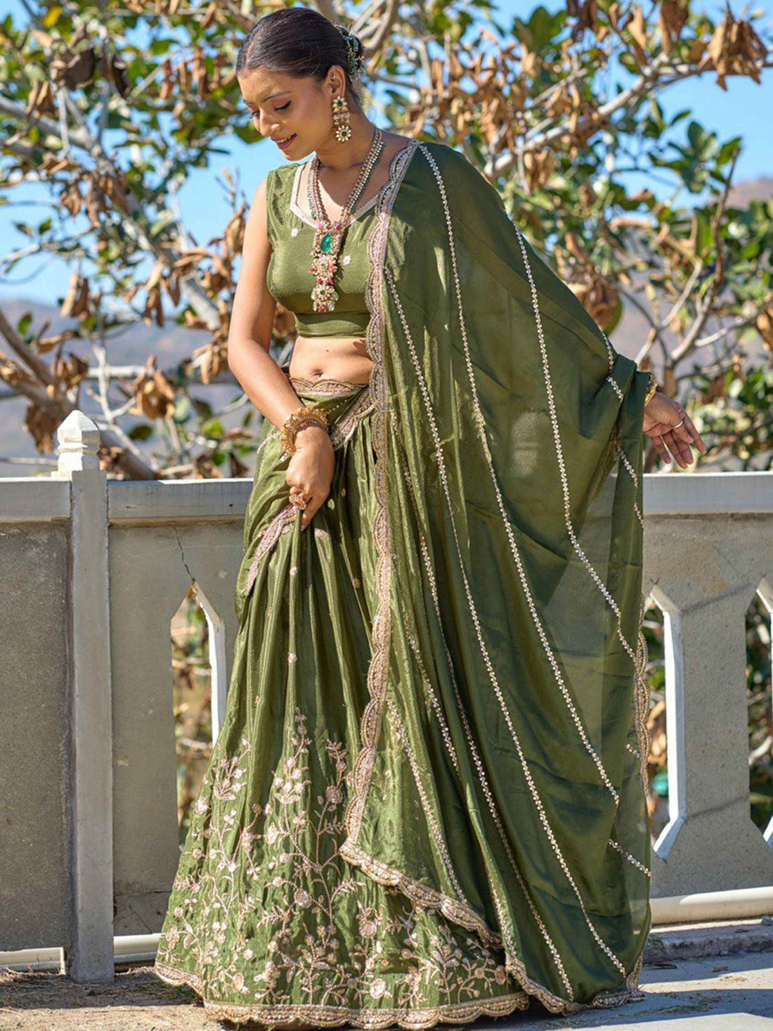 Glorious Olive Green Sequins Chinon Mehendi Wear Lehenga Choli - Zeel Clothing