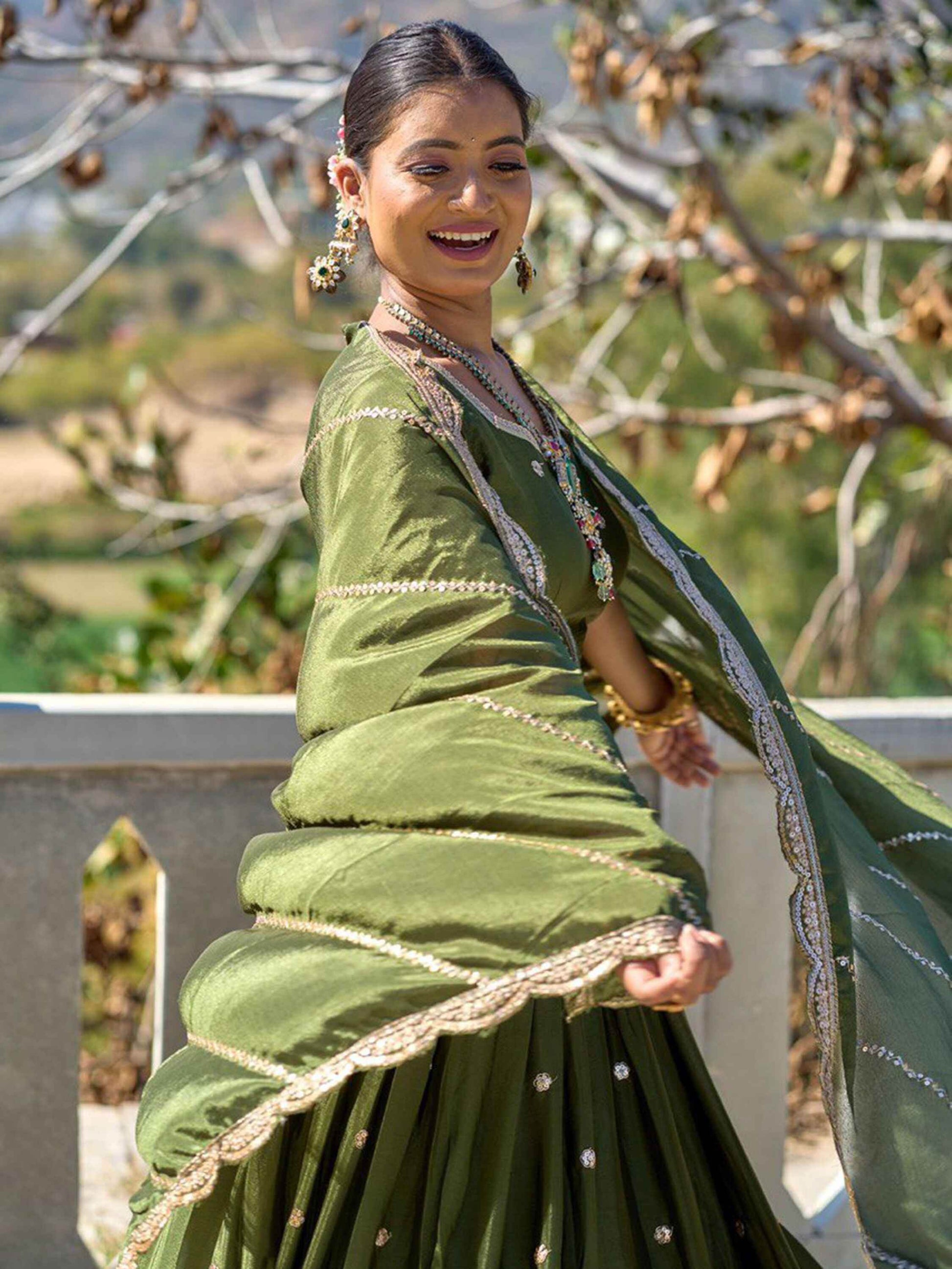 Glorious Olive Green Sequins Chinon Mehendi Wear Lehenga Choli - Zeel Clothing
