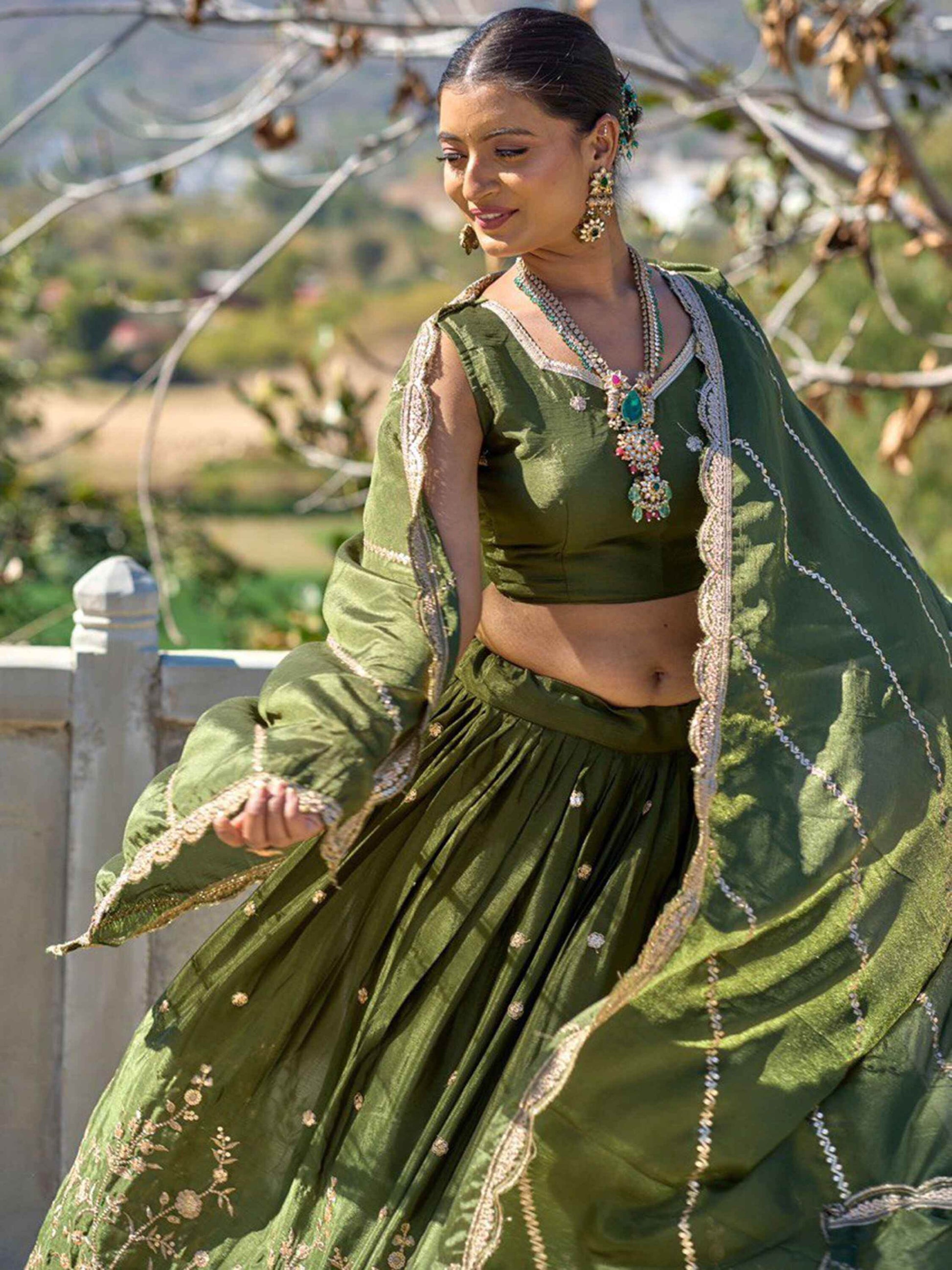Glorious Olive Green Sequins Chinon Mehendi Wear Lehenga Choli - Zeel Clothing