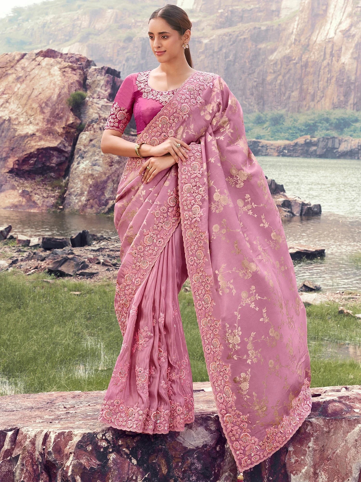 Glorious Pink Floral Embroidered Tissue Traditional Saree With Blouse