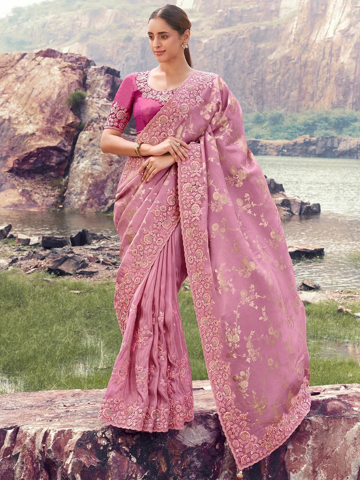 Glorious Pink Floral Embroidered Tissue Traditional Saree With Blouse