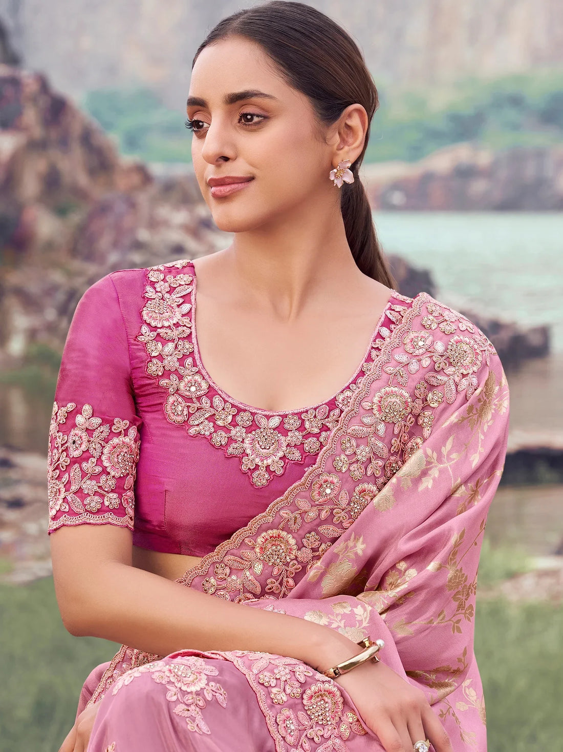 Glorious Pink Floral Embroidered Tissue Traditional Saree With Blouse