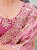 Glorious Pink Floral Embroidered Tissue Traditional Saree With Blouse