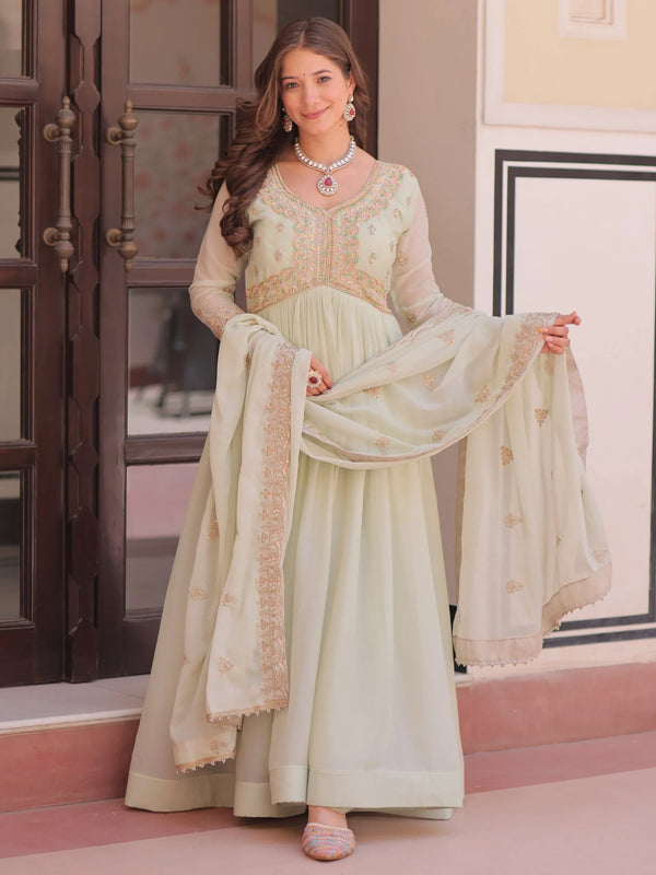 Glorious Pista Green Bead Work Georgette Traditional Gown With Dupatta