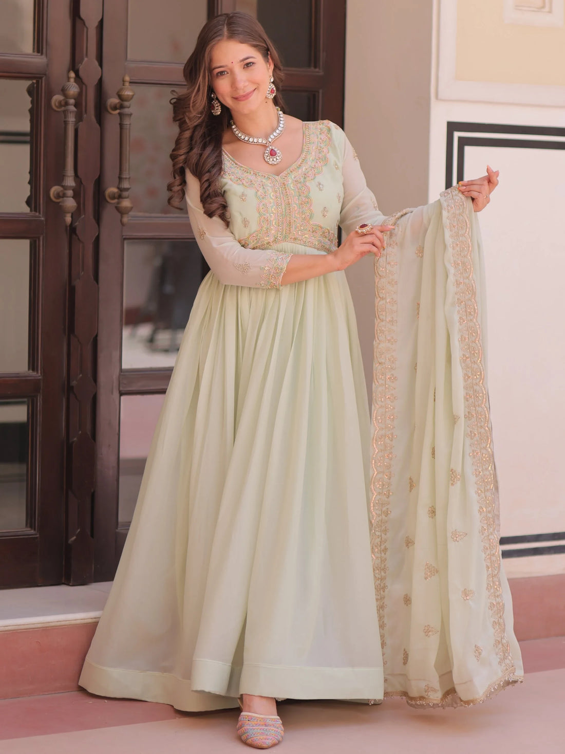 Glorious Pista Green Bead Work Georgette Traditional Gown With Dupatta