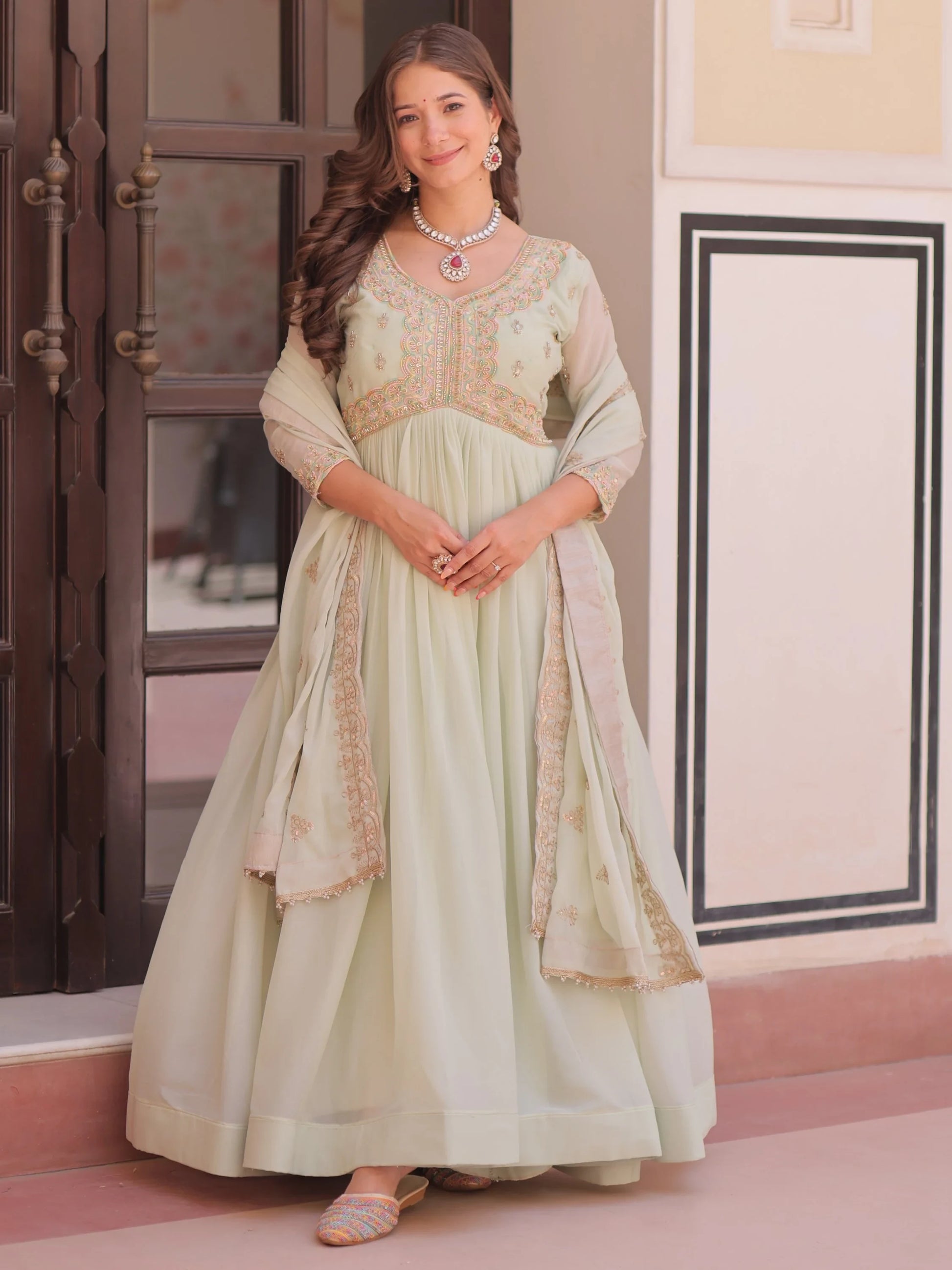 Glorious Pista Green Bead Work Georgette Traditional Gown With Dupatta
