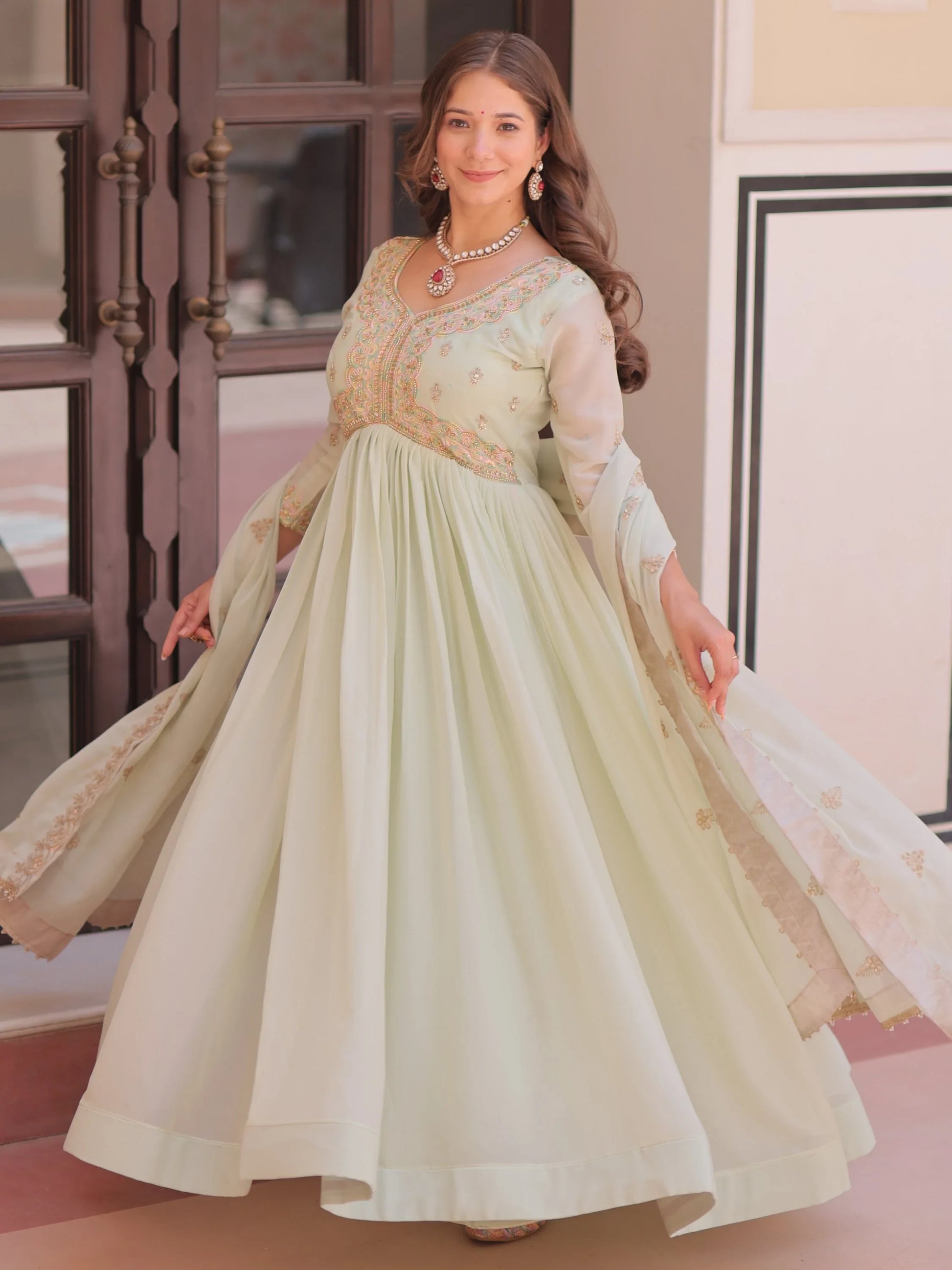 Glorious Pista Green Bead Work Georgette Traditional Gown With Dupatta