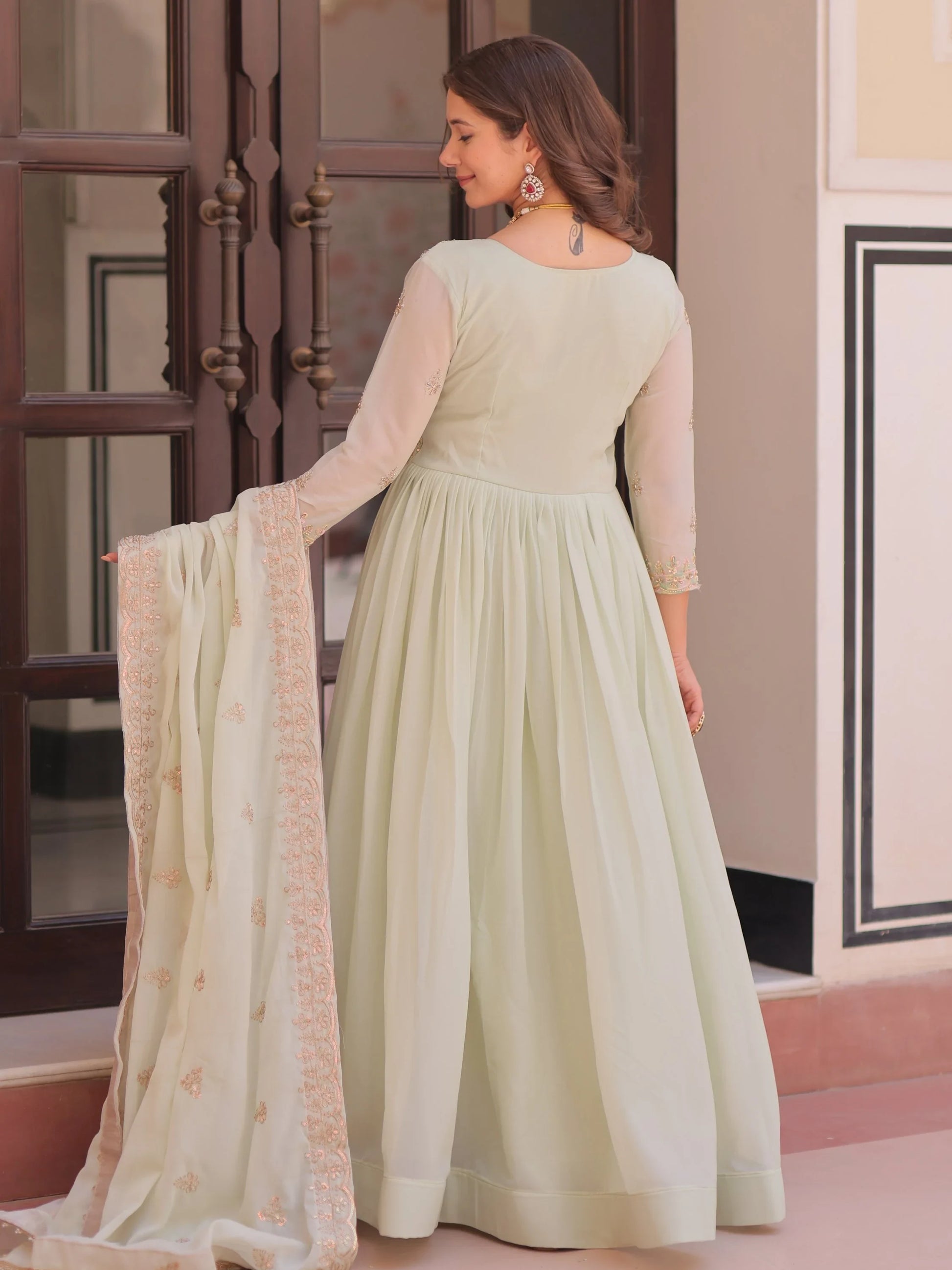 Glorious Pista Green Bead Work Georgette Traditional Gown With Dupatta