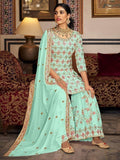 Glorious Sea Green Sequins Georgette Sharara Suit With Dupatta - Zeel Clothing