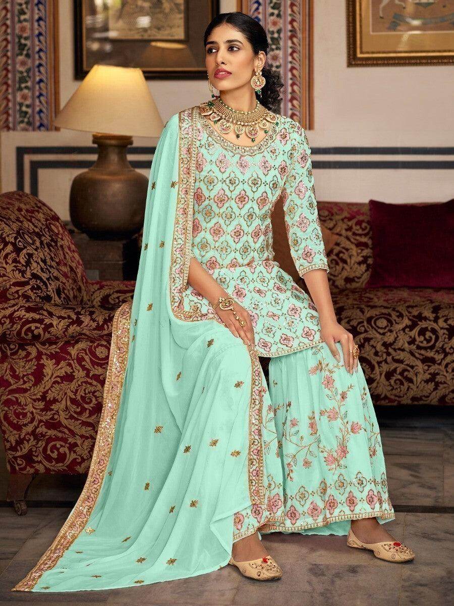 Glorious Sea Green Sequins Georgette Sharara Suit With Dupatta - Zeel Clothing