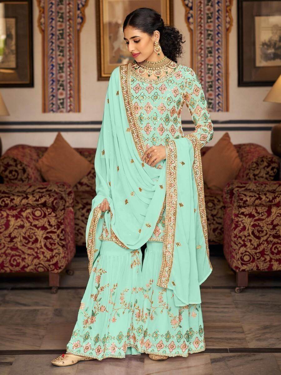 Glorious Sea Green Sequins Georgette Sharara Suit With Dupatta - Zeel Clothing