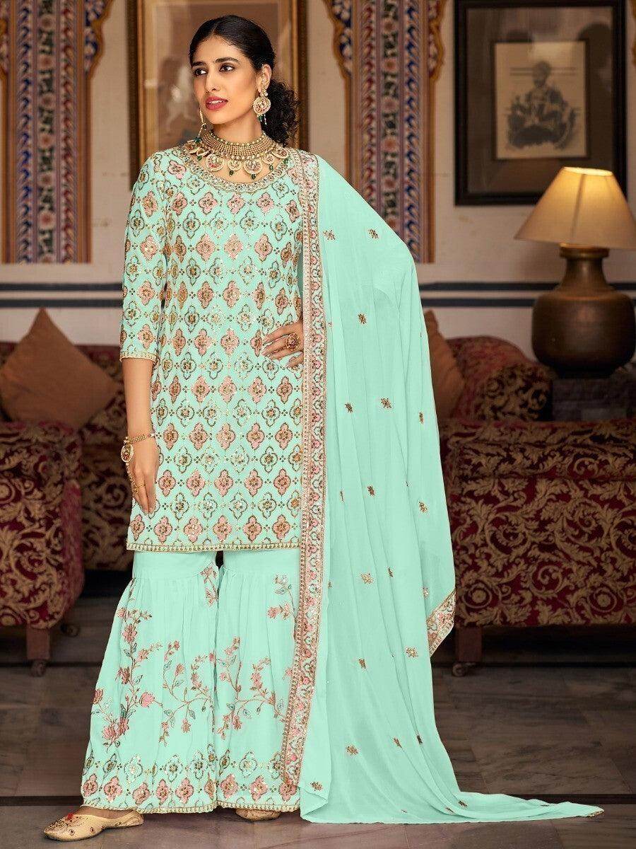 Glorious Sea Green Sequins Georgette Sharara Suit With Dupatta - Zeel Clothing