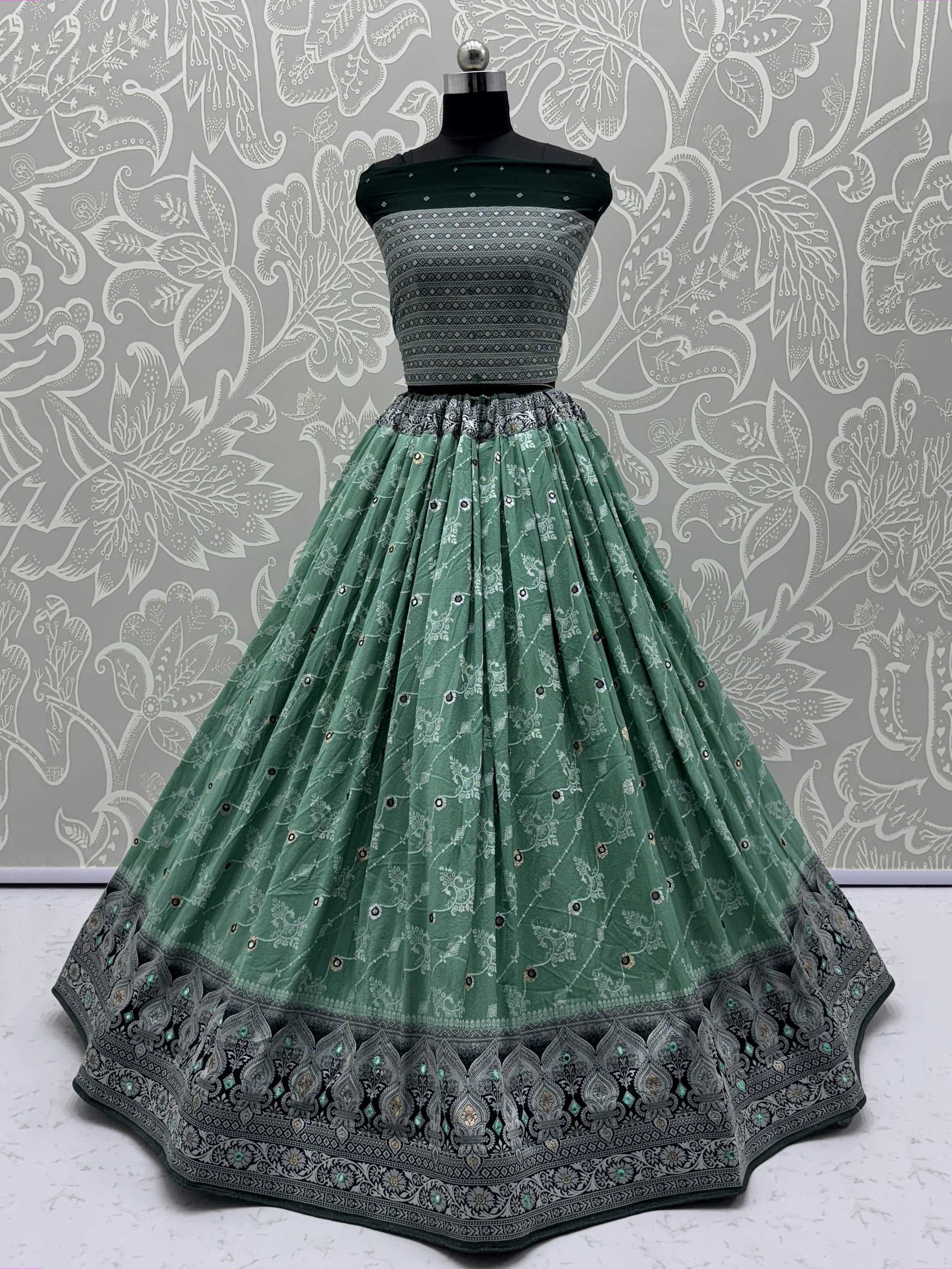 Glorious Sea Green Zari Weaving Georgette Mehendi Wear Lehenga With Blouse