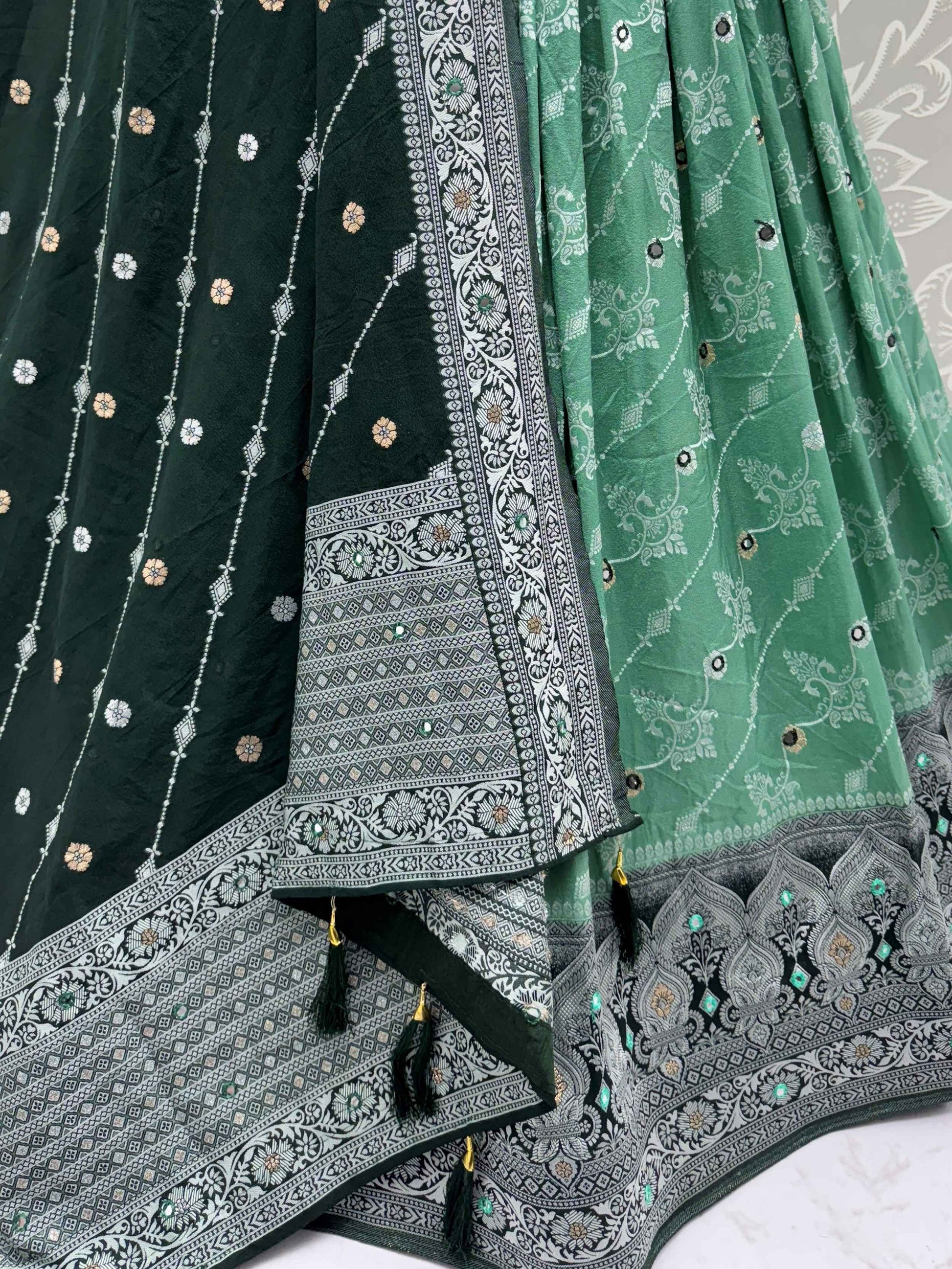 Glorious Sea Green Zari Weaving Georgette Mehendi Wear Lehenga With Blouse