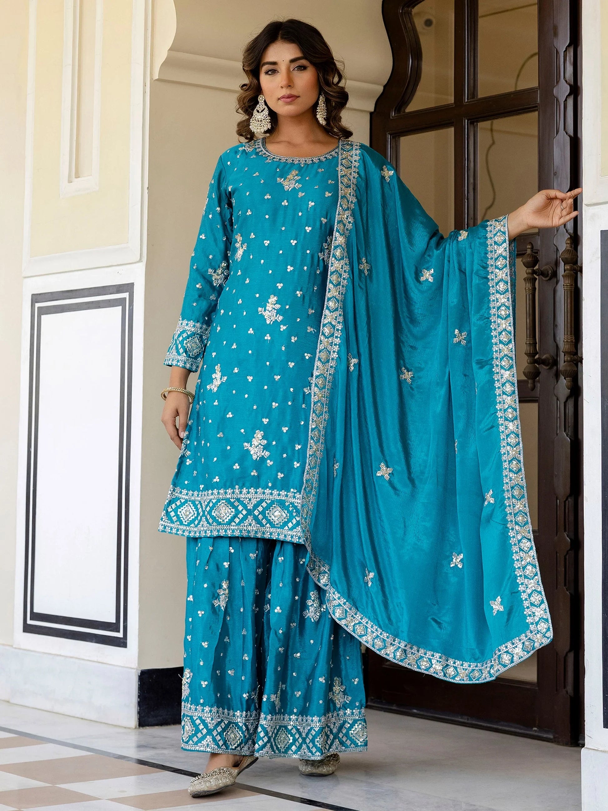 Glorious Sky Blue Zari Embroidery Chinon Festive Wear Gharara Suit With Dupatta